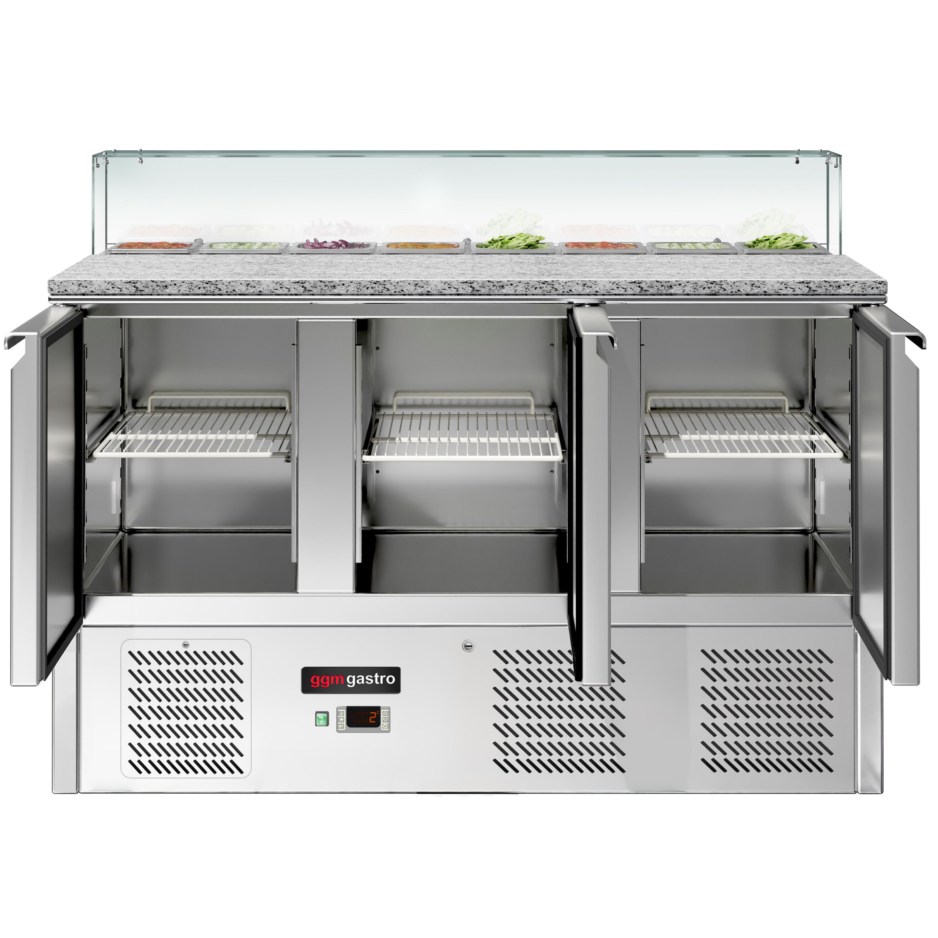 Saladette réfrigérée ECO - 1368mm - 368L - 3 portes - avec vitrine de comptoir pour 8x GN 1/6