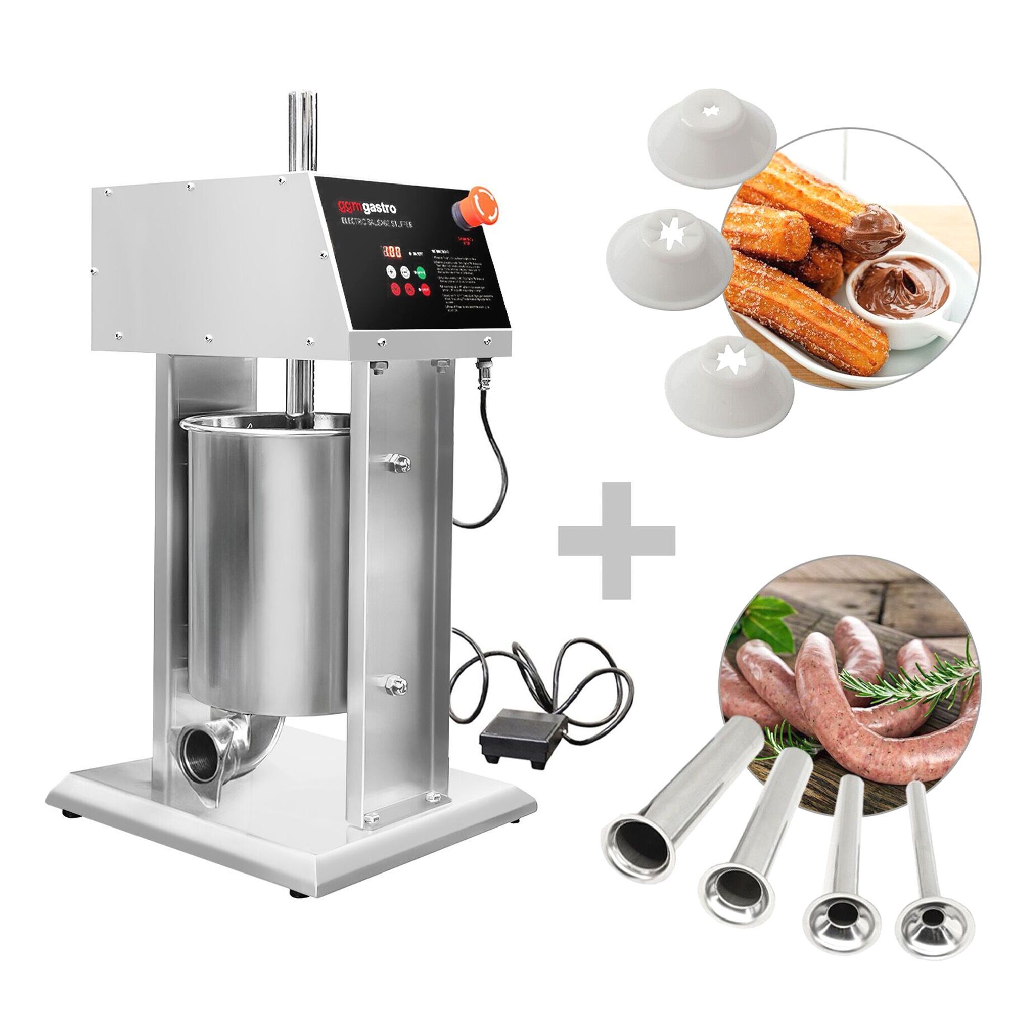 Poussoir à saucisses Électrique & Machine à churros - 10 Litres - 90 Watts - inox - incl. 4 Embouts à saucisses & 3 Embouts à churros