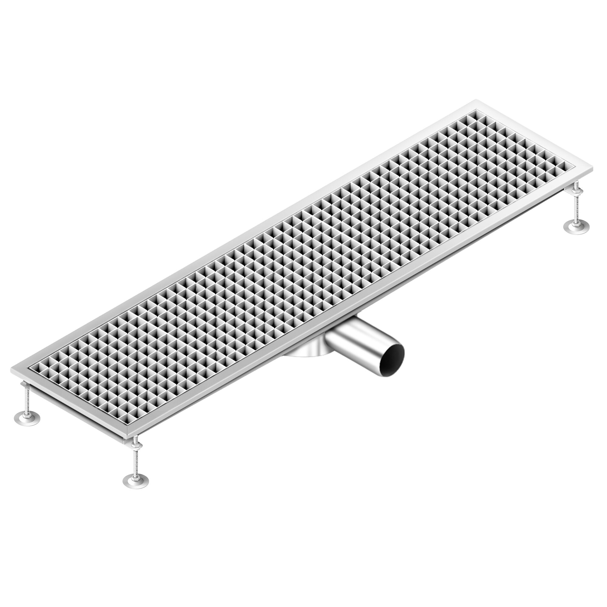 Caniveau de sol en acier inoxydable - 1200x300mm - sortie horizontale Ø70mm - avec caillebotis