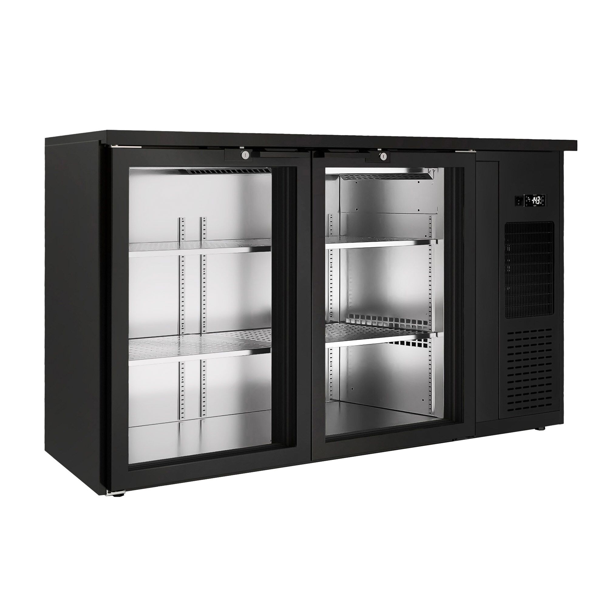Commercial Back Bar Bottle Cooler PREMIUM PLUS - 1435x512mm - 264L - with 2 Hinged Glass Doors, LED lighting, locks, auto defrost, fan-assisted cooling - Black