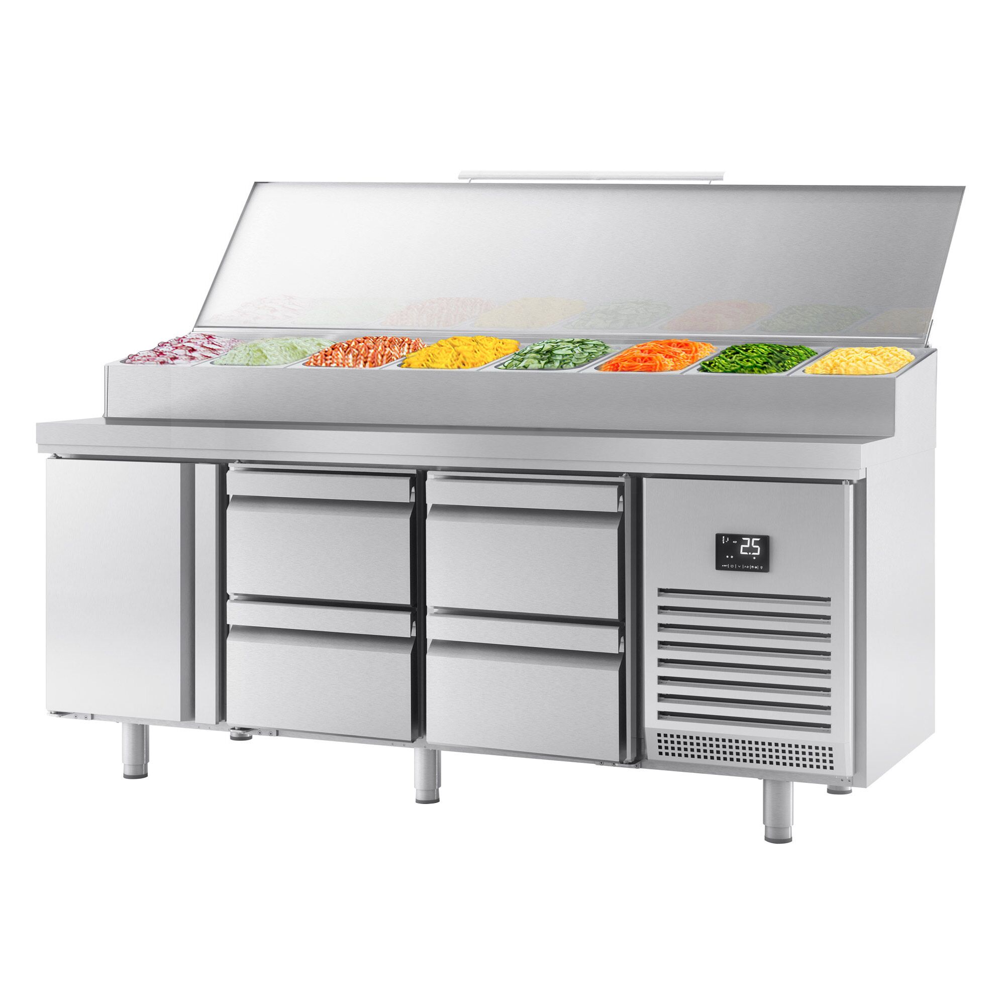 Table réfrigérée de préparation - 1960 x 700 mm - avec 1 porte et 4 tiroirs - avec superstructure en inox 1 x GN 1/2 et 9 x GN 1/3