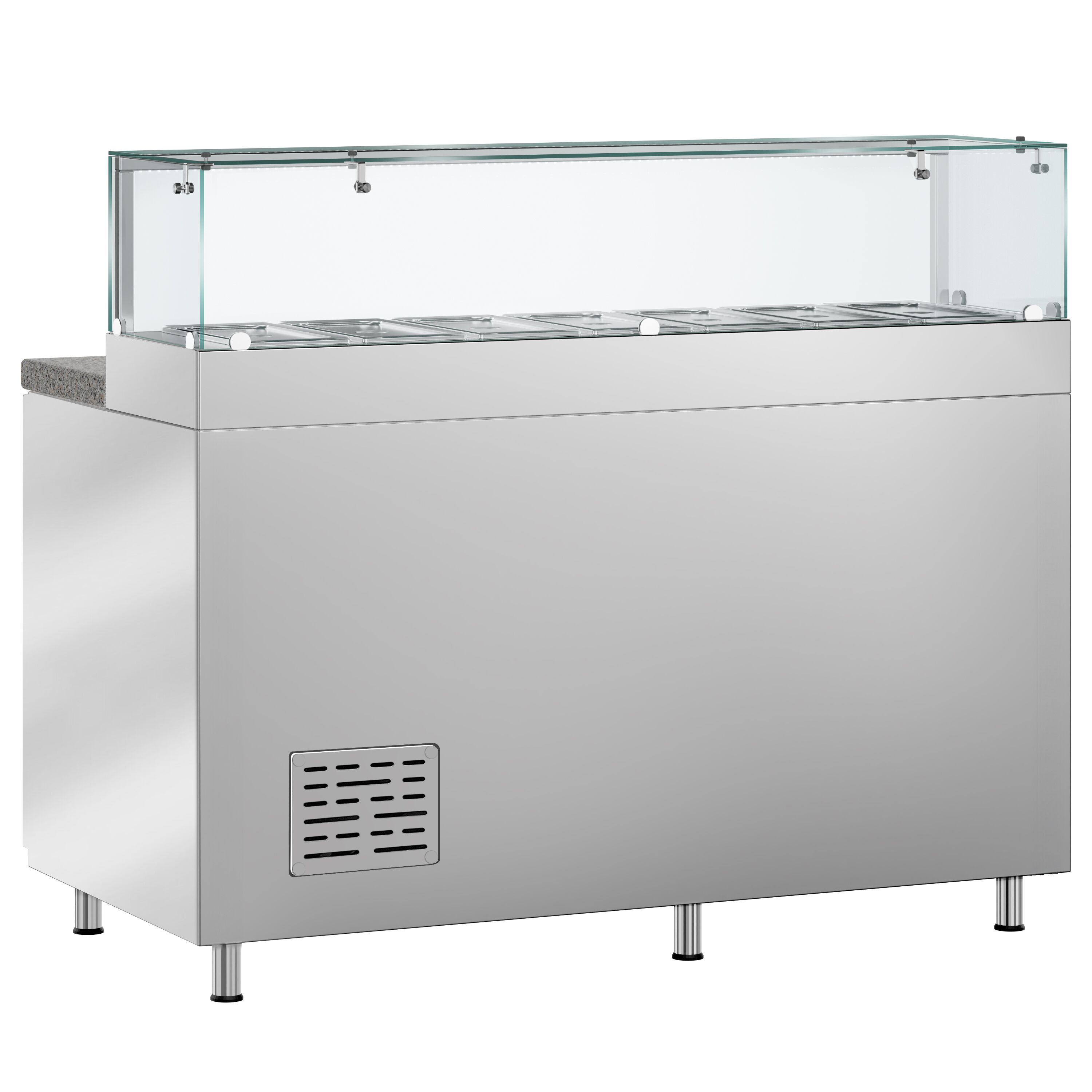 Saladette réfrigérée PREMIUM - 1510mm - 390L - 2 portes - avec vitrine de comptoir pour 7x GN 1/3 & 1 étagère - plan de travail en granit noir