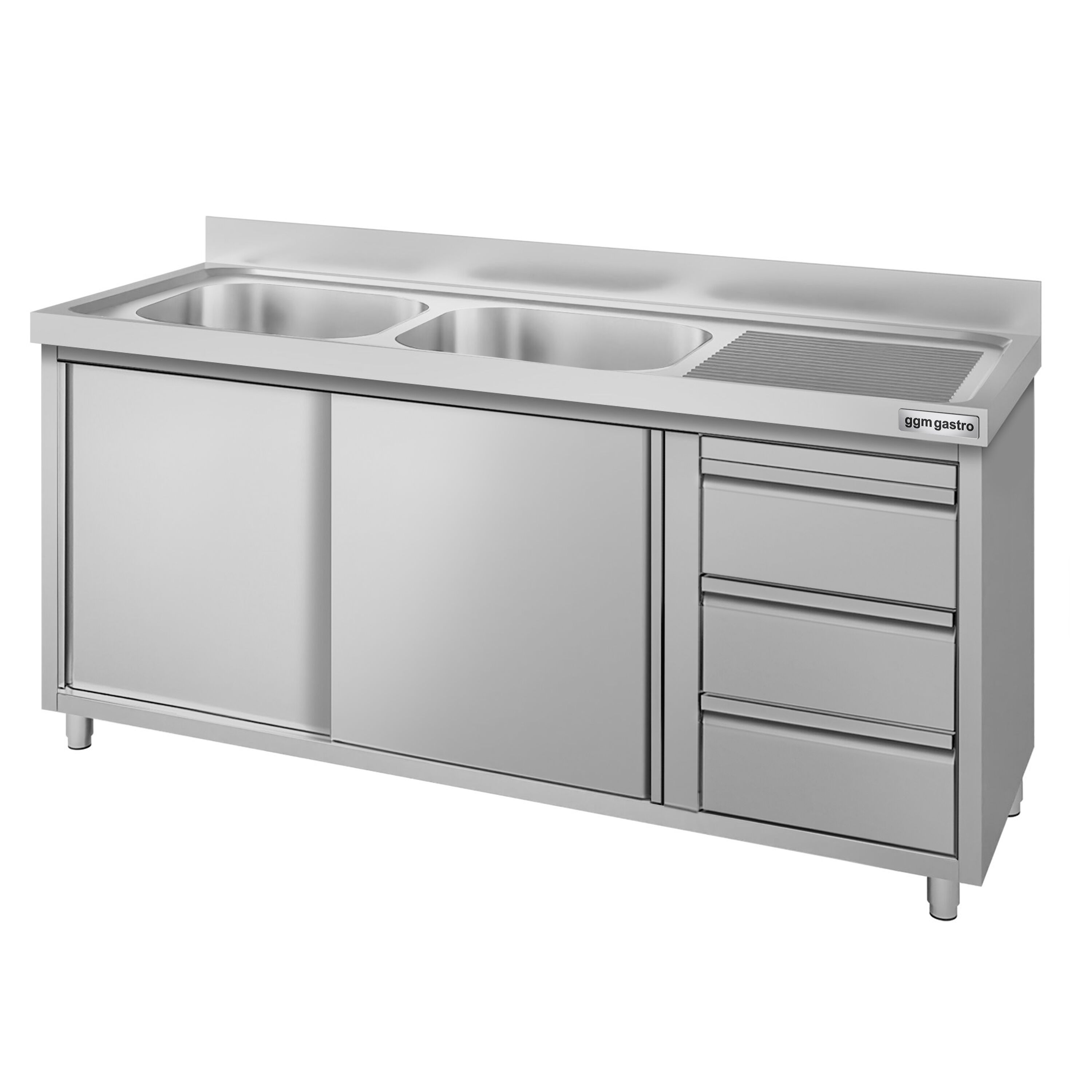 Meuble évier ECO - 1600 x 600 mm - avec 3 tiroirs & 2 bacs à gauche