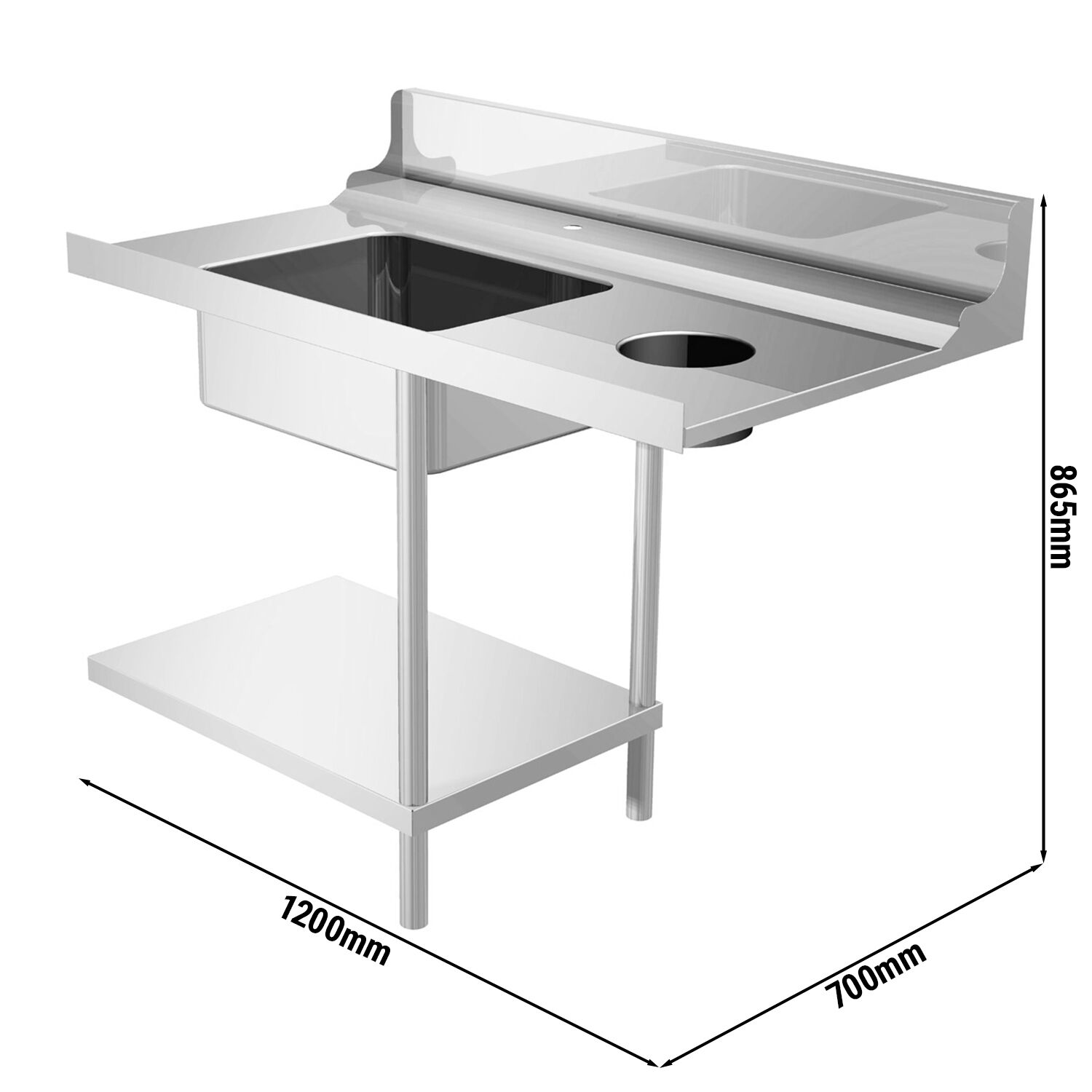 Table d’entrée pour lave-vaisselle - 1200mm - Montage à droite - avec 1 bac & goulotte à déchets - pour DS430 Série