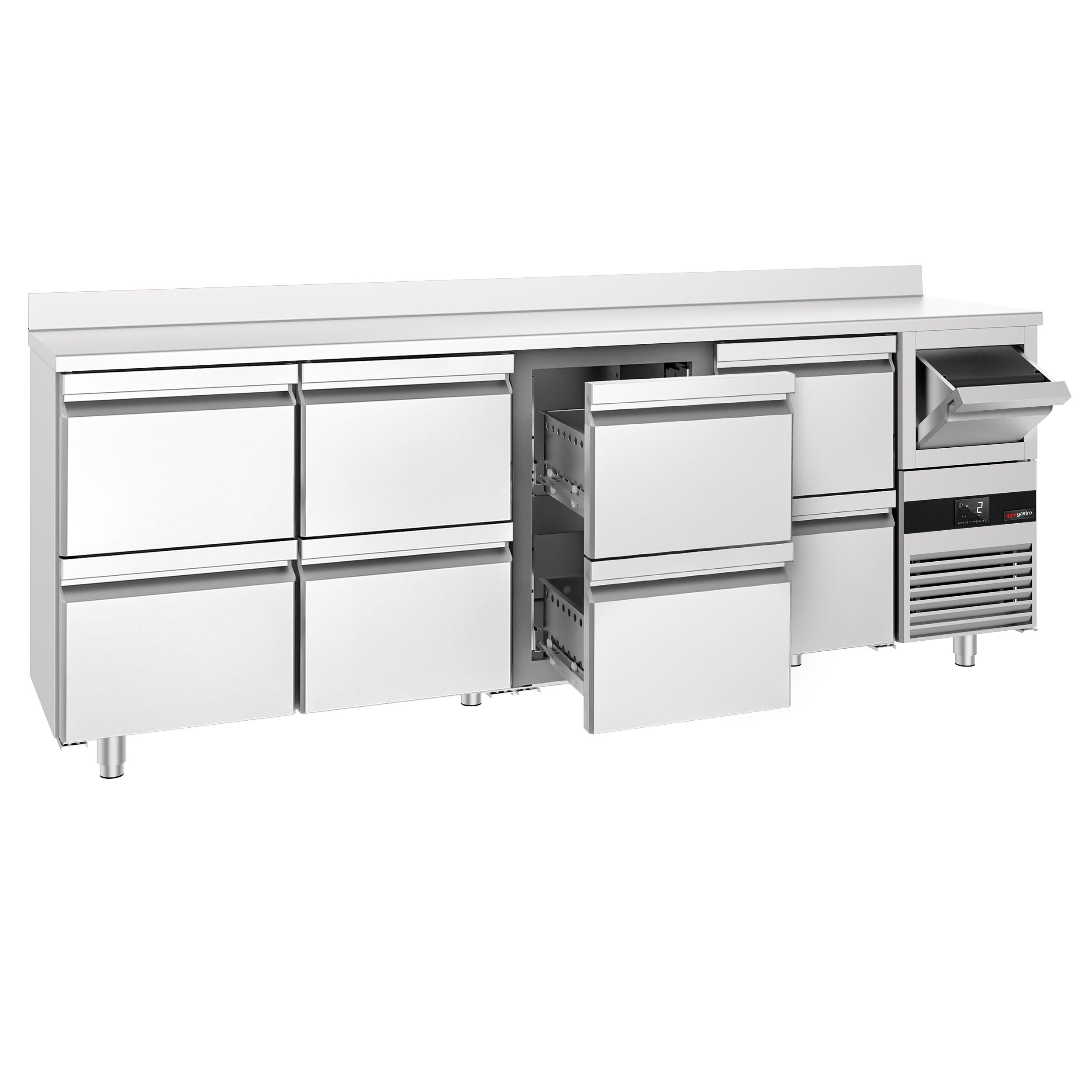 Arrière-bar réfrigéré professionnel PREMIUM - 2690x600 mm - avec 8 tiroirs 1/2, dosseret & bac à marc pour café