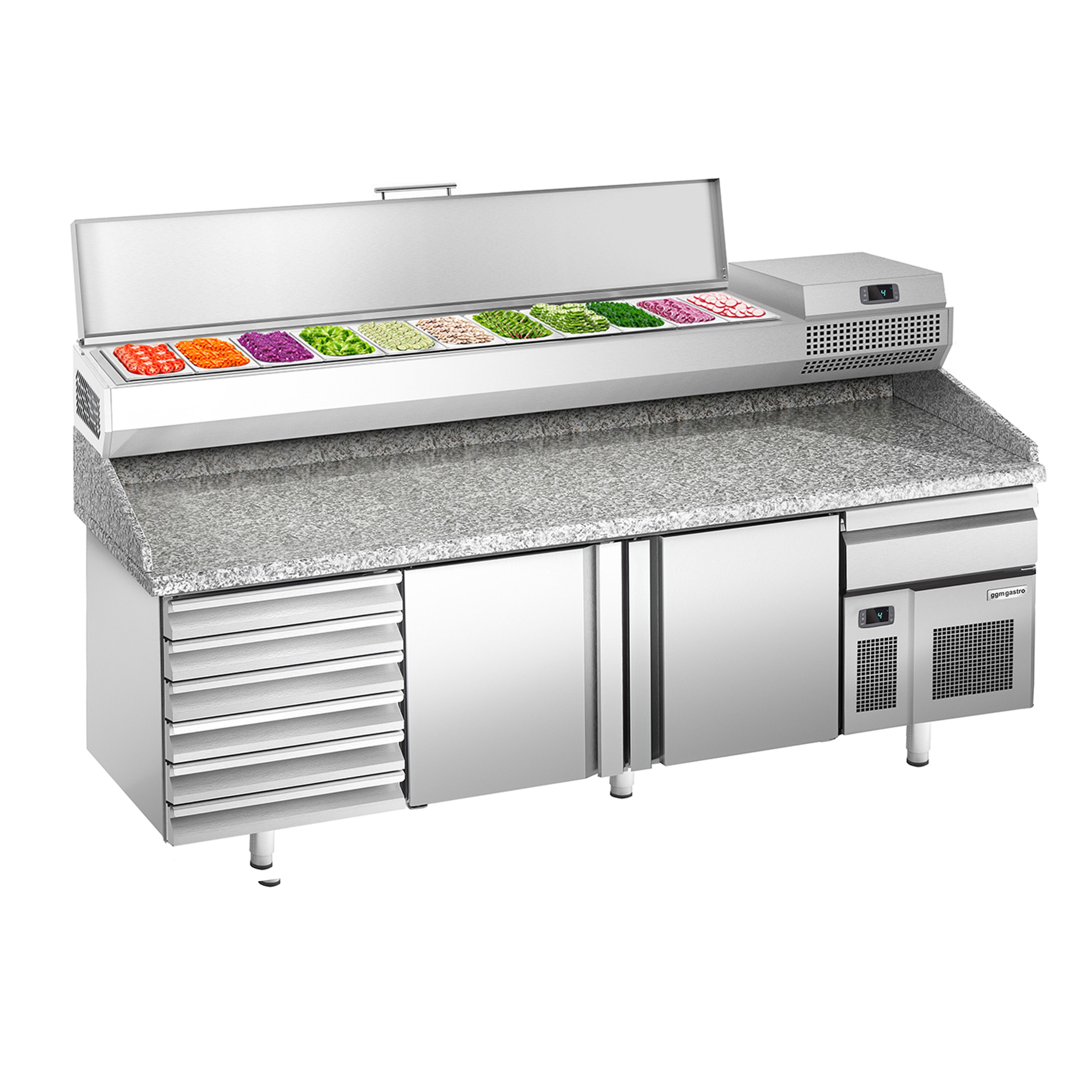 Table réfrigérée à pizza Premium PLUS - 2305x800 mm - avec 2 portes & 7 tiroirs - incl. vitrine réfrigérée pour ingrédients - 11 bacs GN 1/4