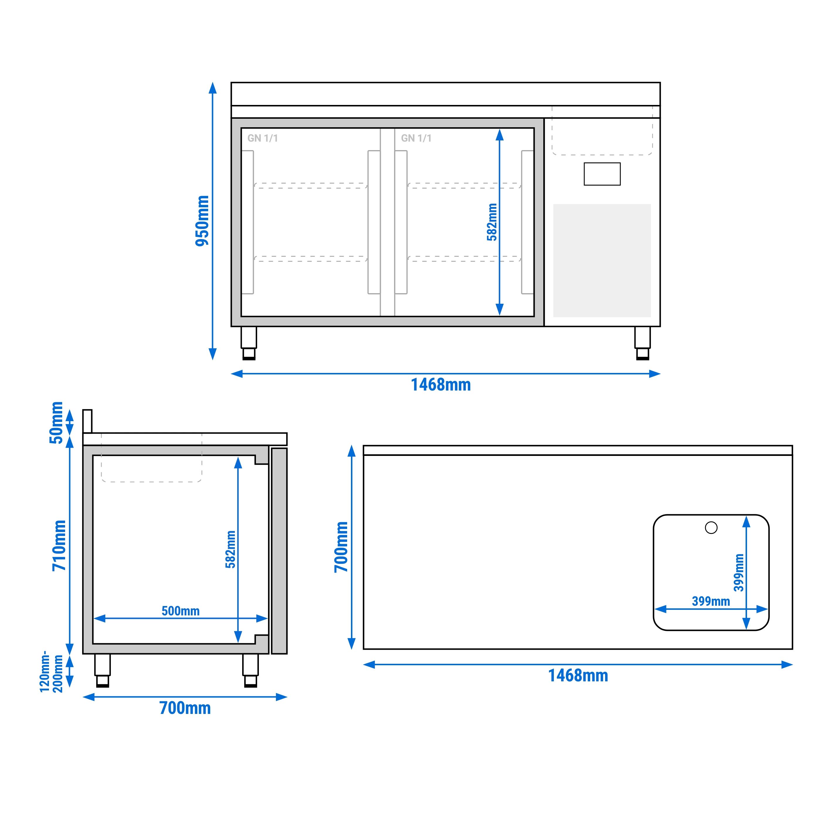 Table réfrigérée Premium PLUS - 1468x700 mm - avec 1 bac, 2 portes - avec dosseret