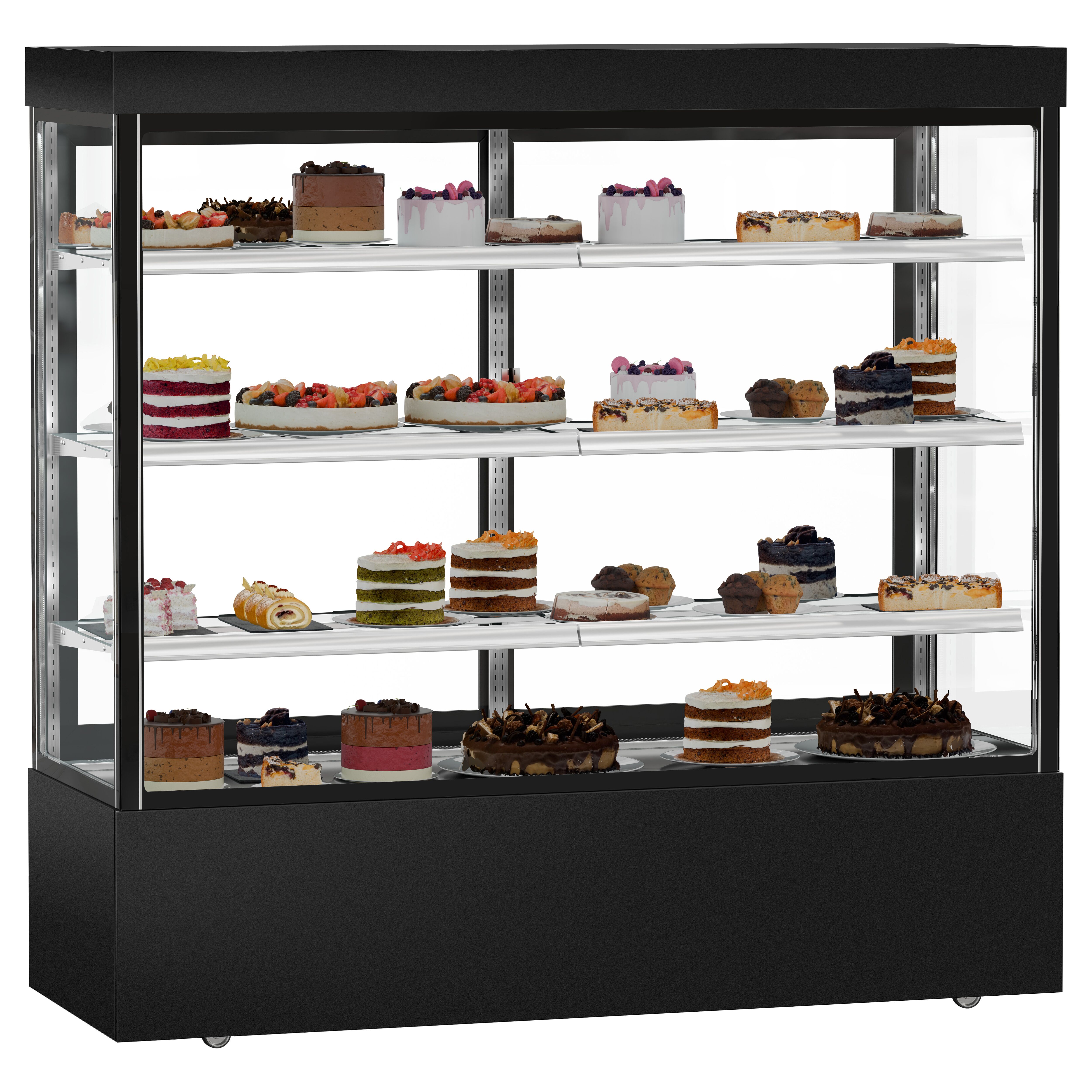 Vitrine à pâtisserie réfrigérée MADRID - 1200L - 1800mm - Double vitrage - avec 3 étagères en verre - portes coulissantes vitrées arrière - Noir mat
