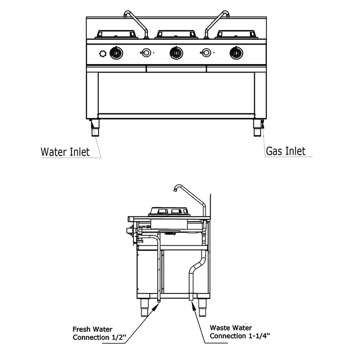 Cuisinière Wok à Gaz - 45 kW - 3 Brûleurs - incl. 2 Robinets
