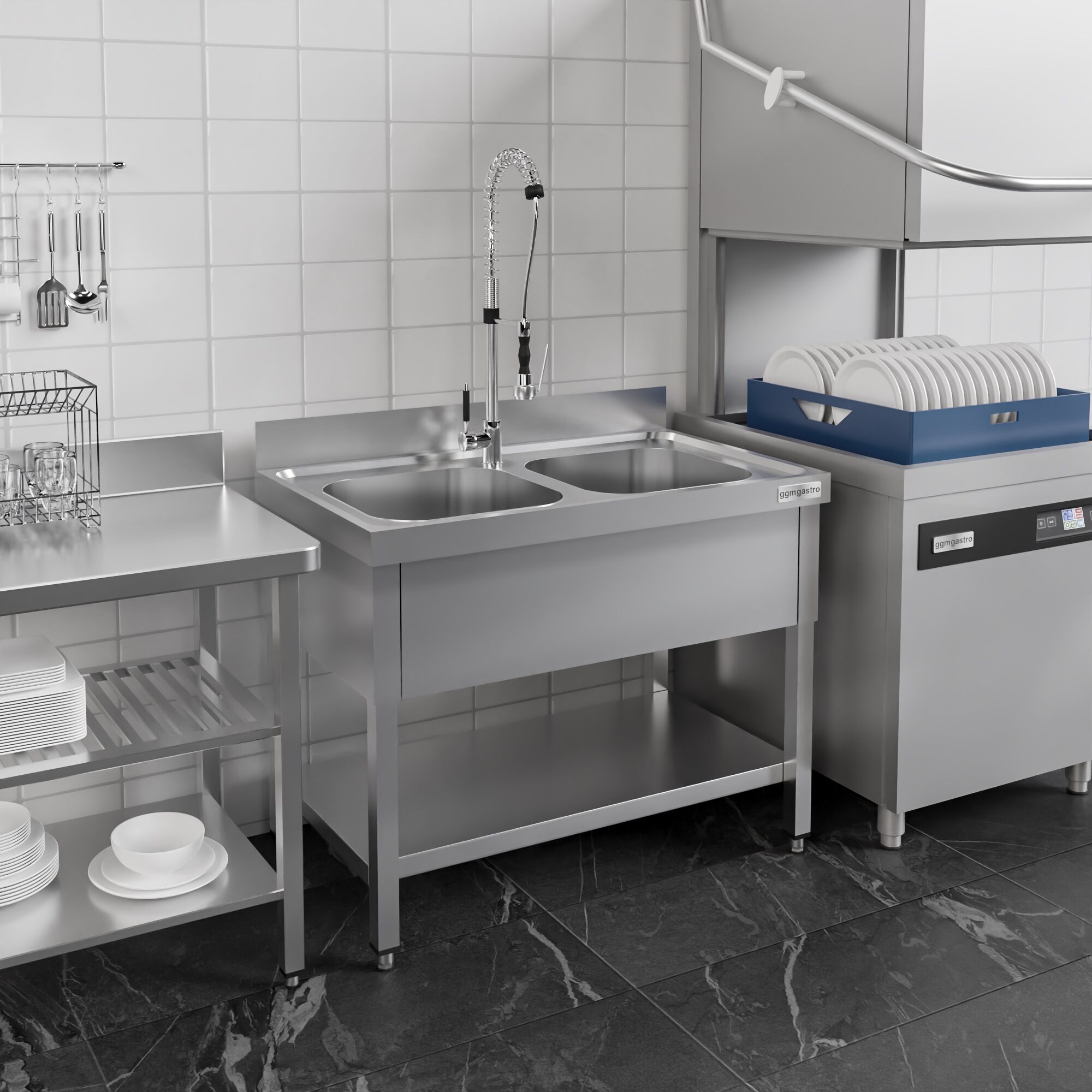 Table évier inox PREMIUM - 1000x600mm - avec fond & 2 bacs au centre