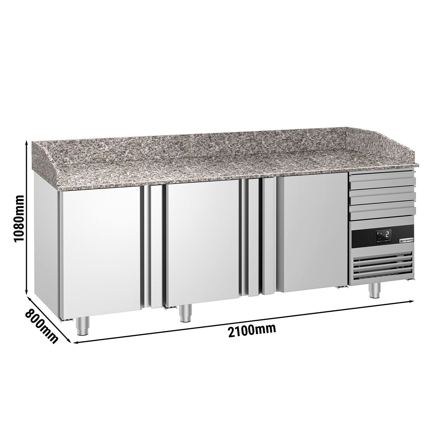 Table réfrigérée pour pizza PREMIUM - 2150 x 800 mm - avec 3 portes & 3 tiroirs