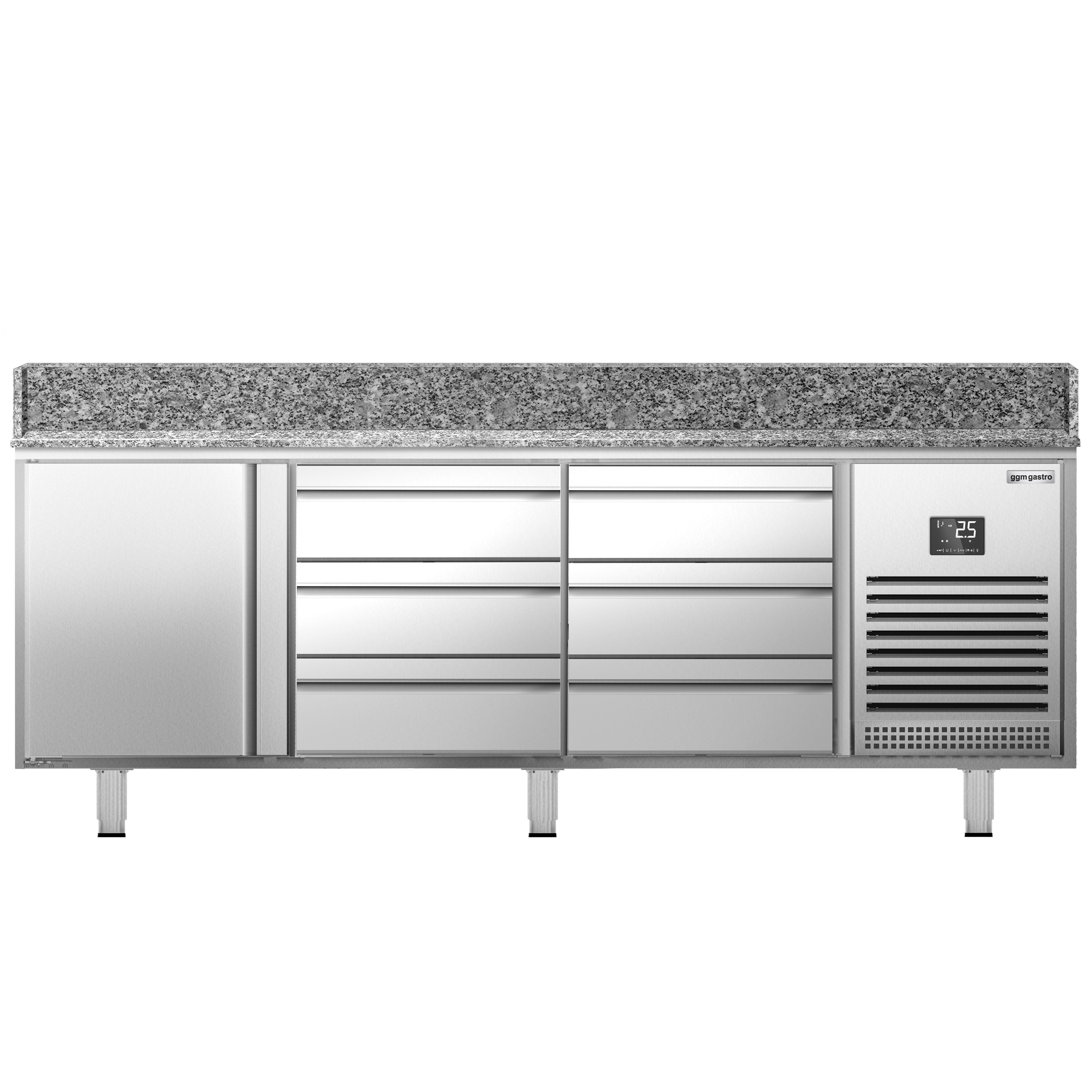 Commercial Pizza Prep Counter - Granite Top PREMIUM PLUS - 1980x700mm - with 1 doors & 6 drawers - incl. refrigerated topping unit - 11x GN 1/4