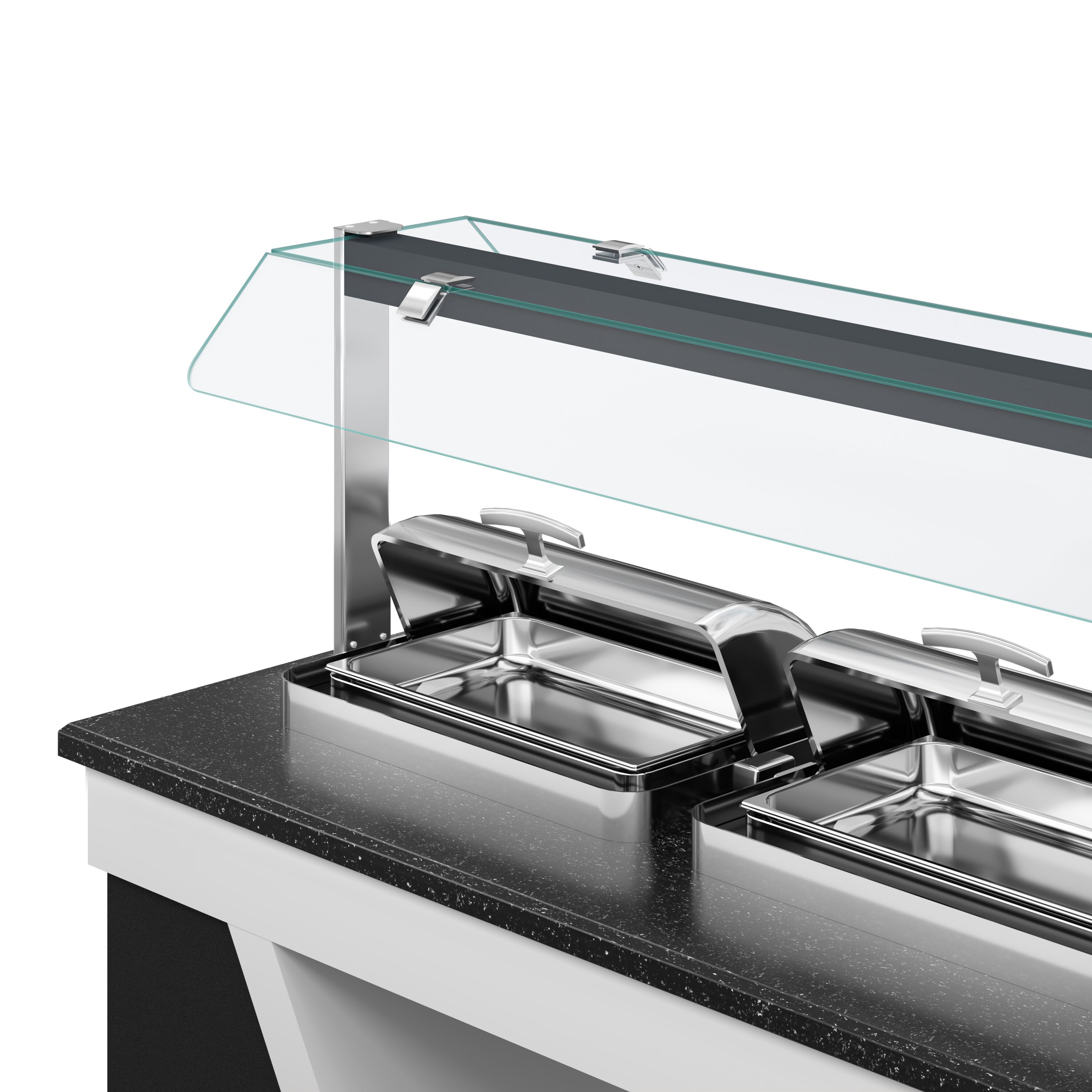 Heated Servery Counter BELFAST - 2300mm - with Hot Plate + Flat Glass Sneeze Guard - on Castors - for 3 Chafing Dishes - Black