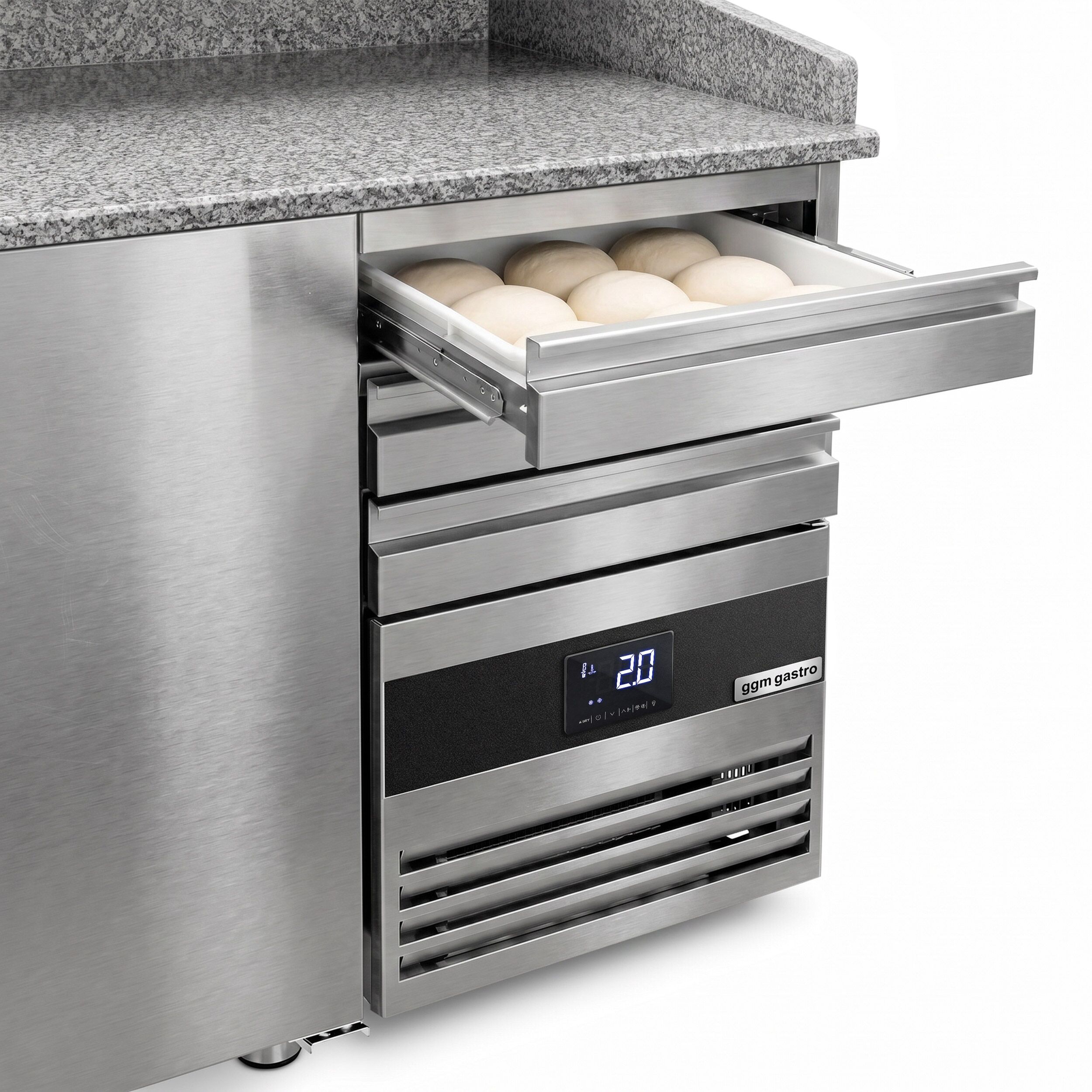 Pizzakylbänk PREMIUM - 2150x800 mm - 3 dörrar och 3 lådor - inkl. kylränna med glastopp - 10x GN 1/3