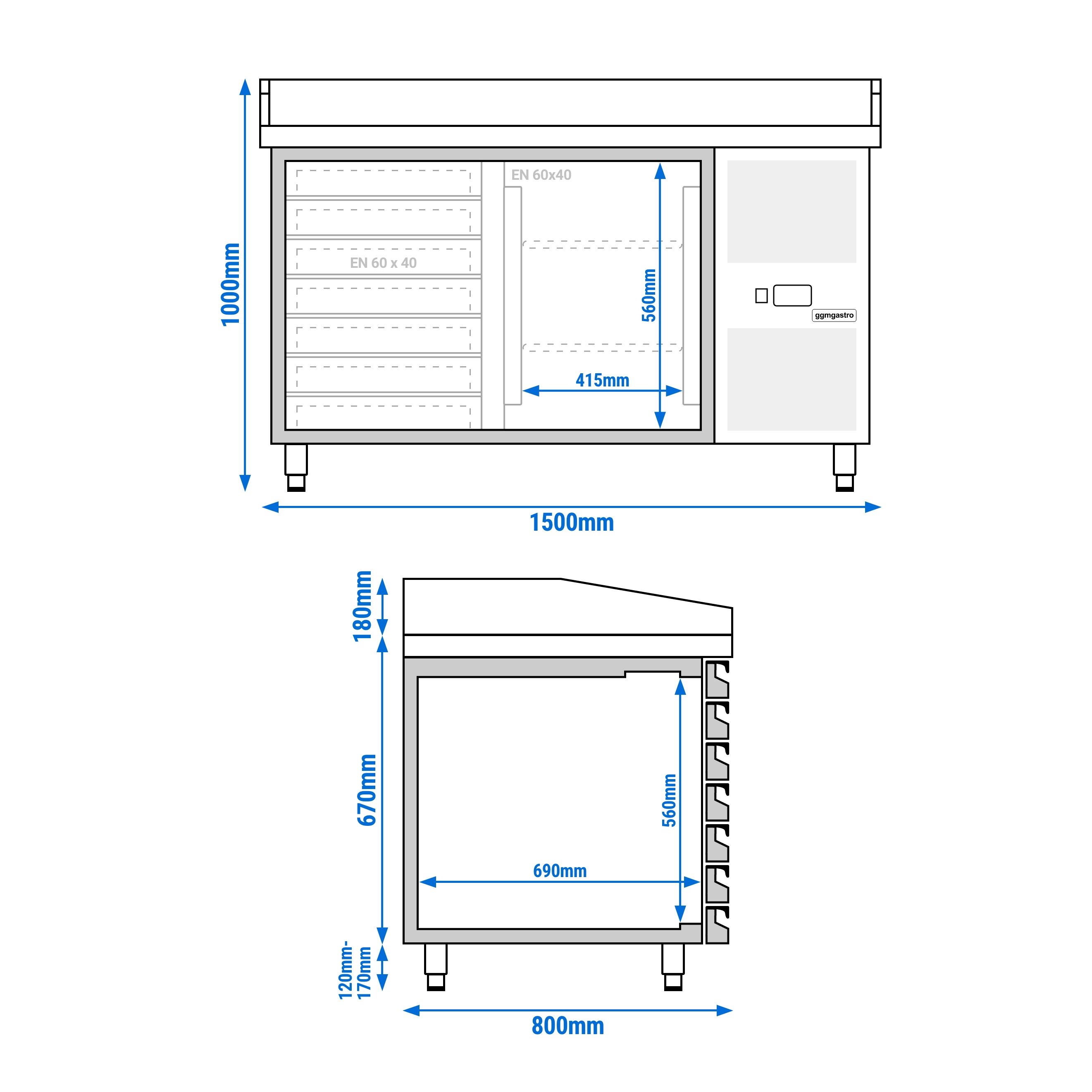 Pizzapult PREMIUM - 1500x800 mm - 1 ajtó + 7 fiók - gránit munkalappal