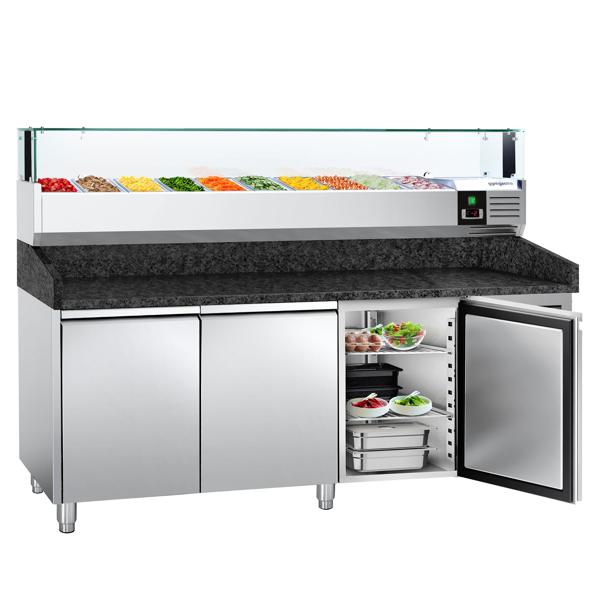 Table réfrigérée à pizza PREMIUM - 2000 x 800 mm - avec 3 portes - incl. vitrine réfrigérée LED - 10 x GN 1/4