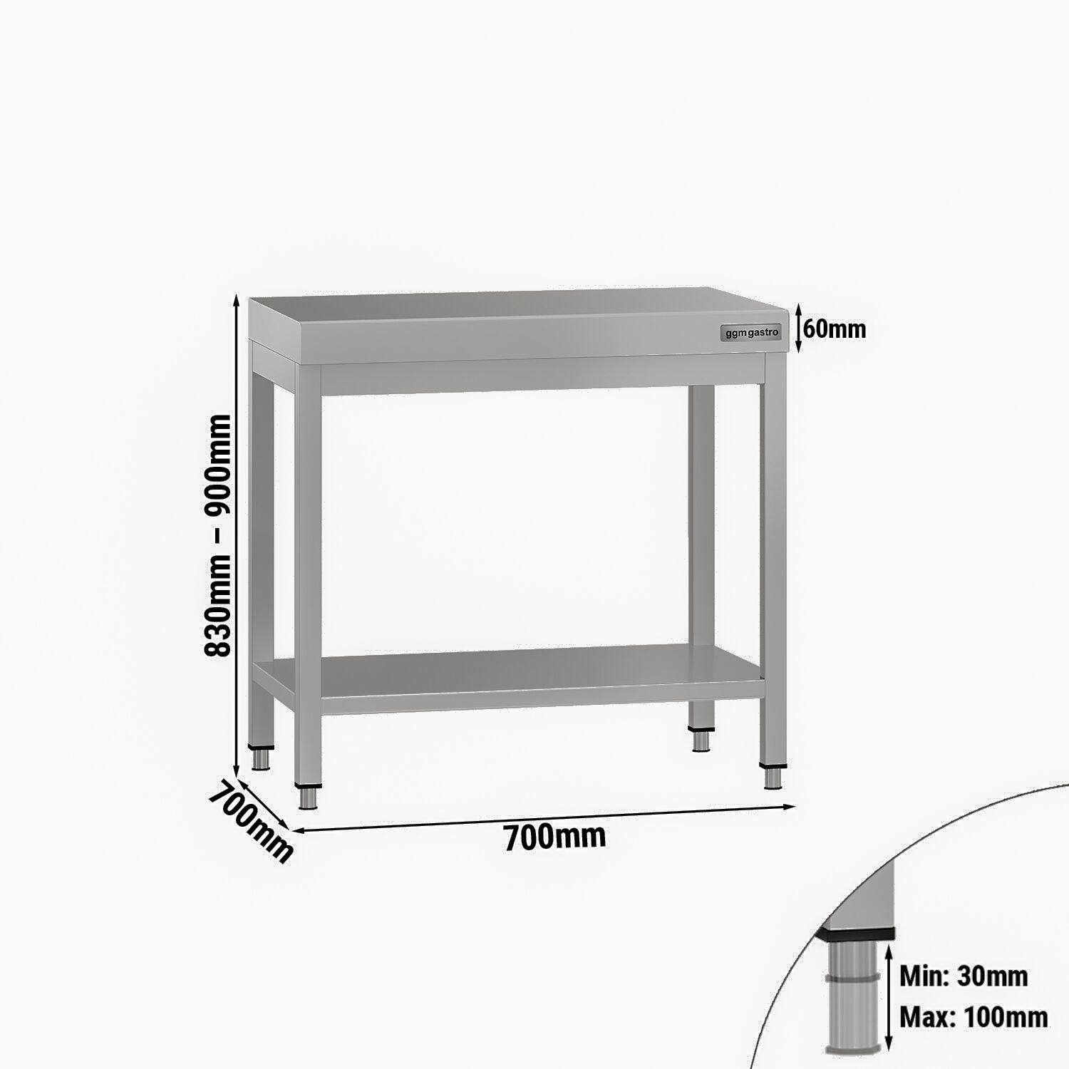 Table de travail en inox ECO – 700 × 700 mm – avec tablette inférieure