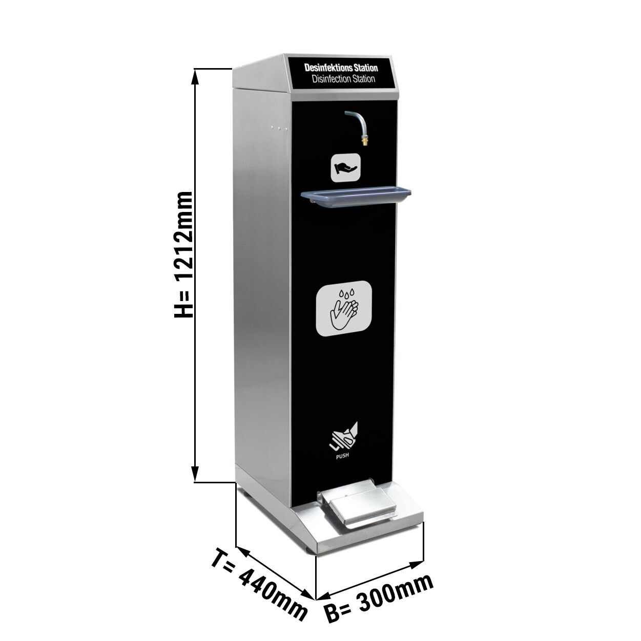 Station de désinfection - 5000-10000ml - Acier inoxydable - sur pied, commande au pied, bac de récupération, compatible gel hydroalcoolique, vrac/réservoir rechargeable