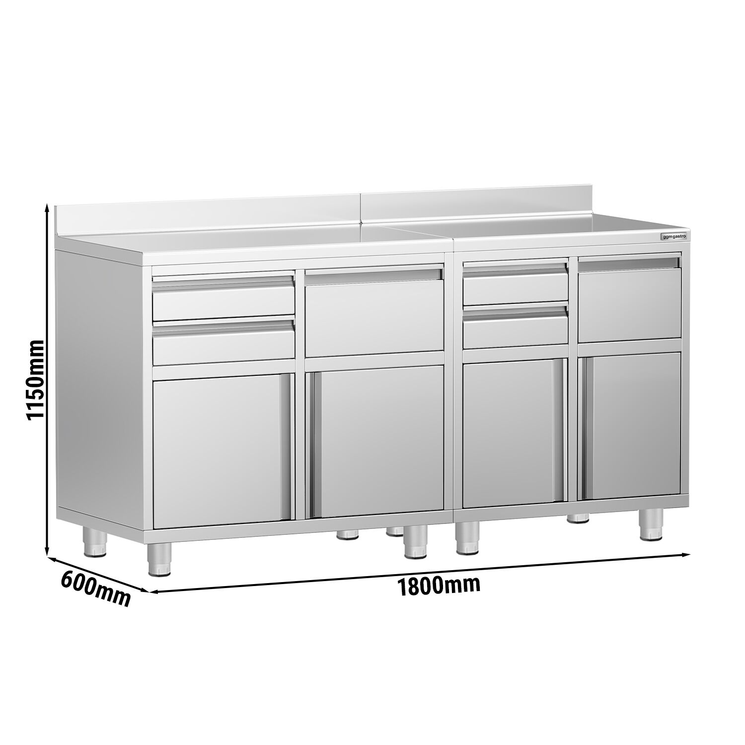 Armoire de travail pour machine à café filtre - 1800x600mm - avec dosseret - 4 tiroirs, 2 portes battantes