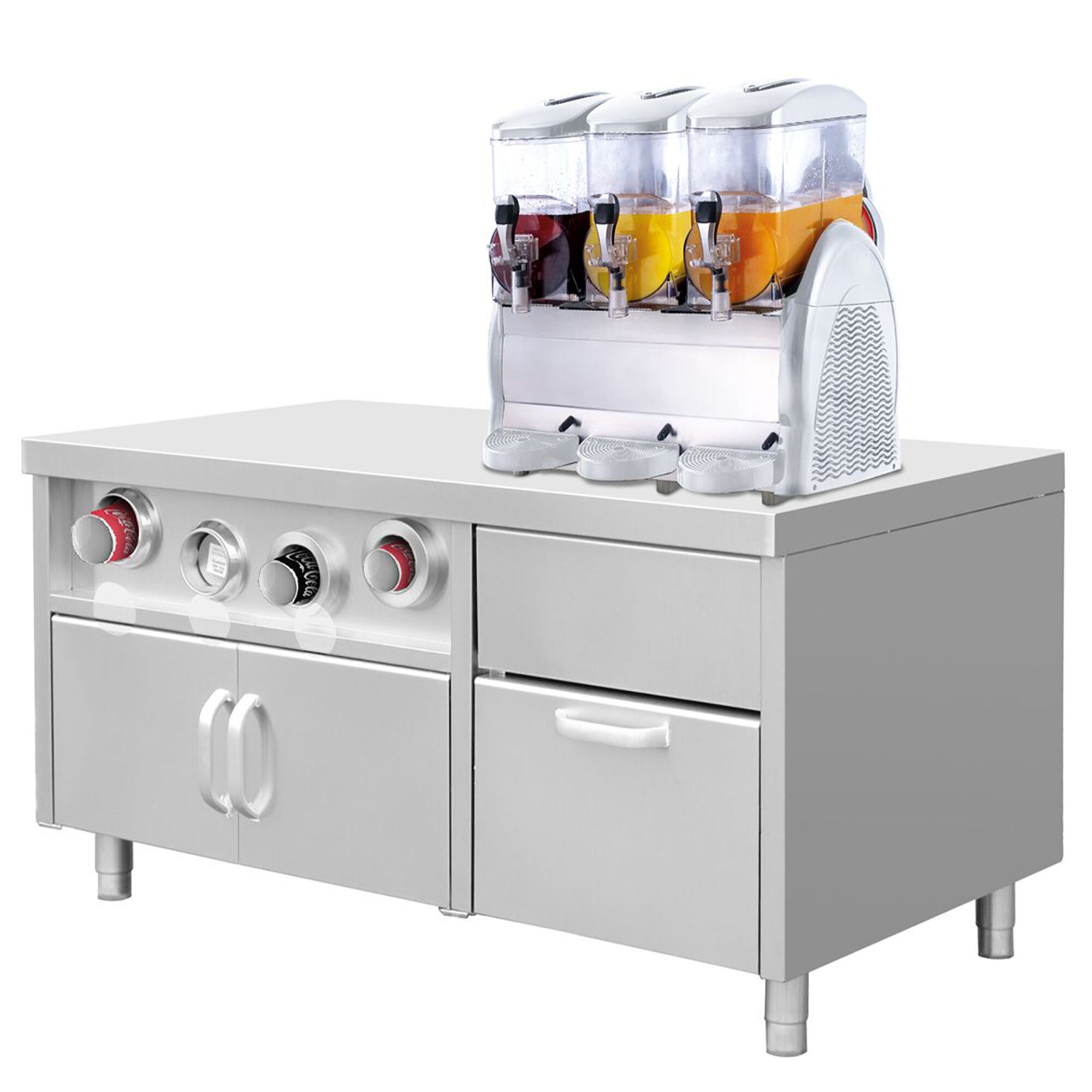 Meuble bas pour distributeur de boissons avec porte-gobelets & compartiment à glaçons - 1,5 m