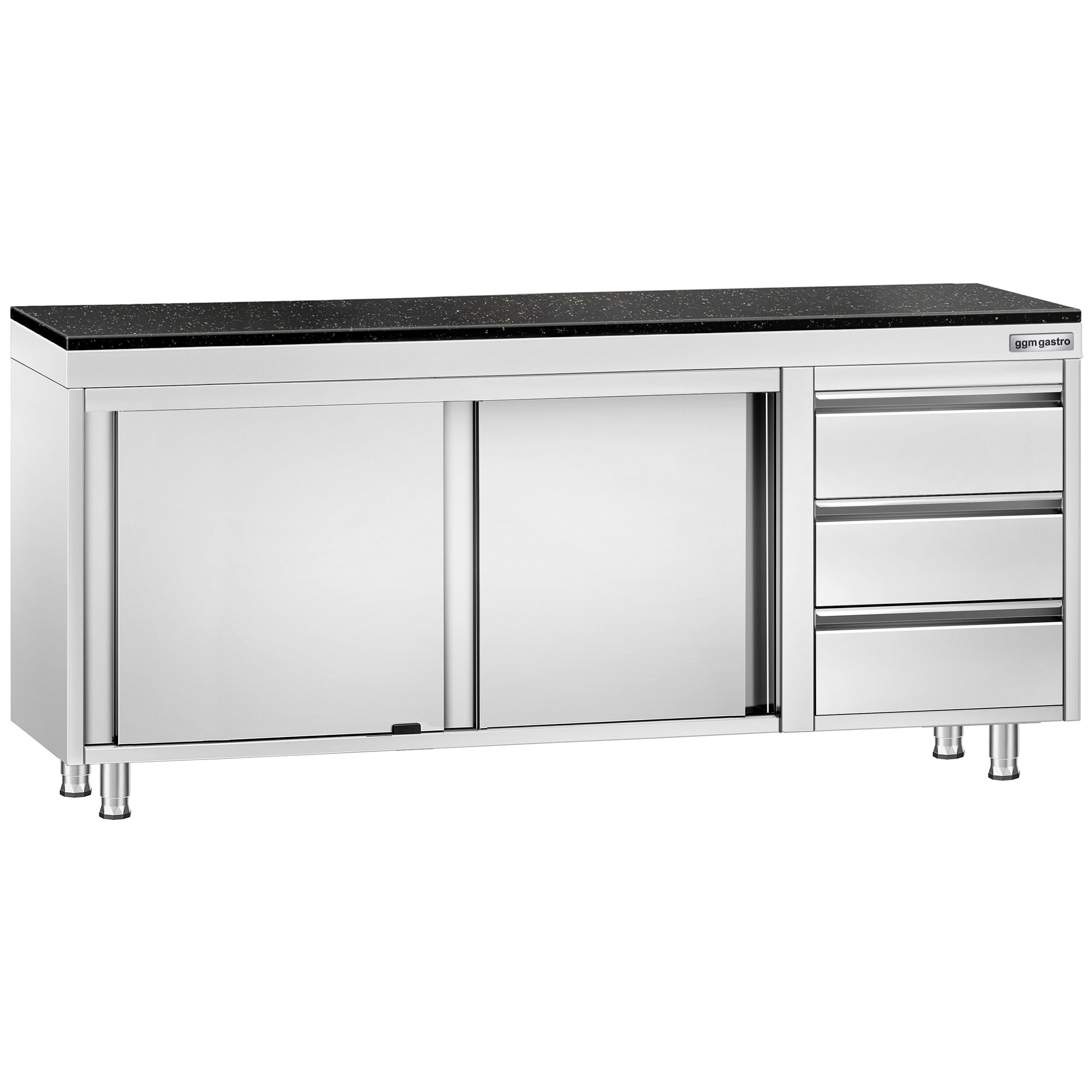 Roestvrijstalen werkkast PREMIUM - 2000 x 600 mm - met 3 lades rechts - incl. granieten werkblad