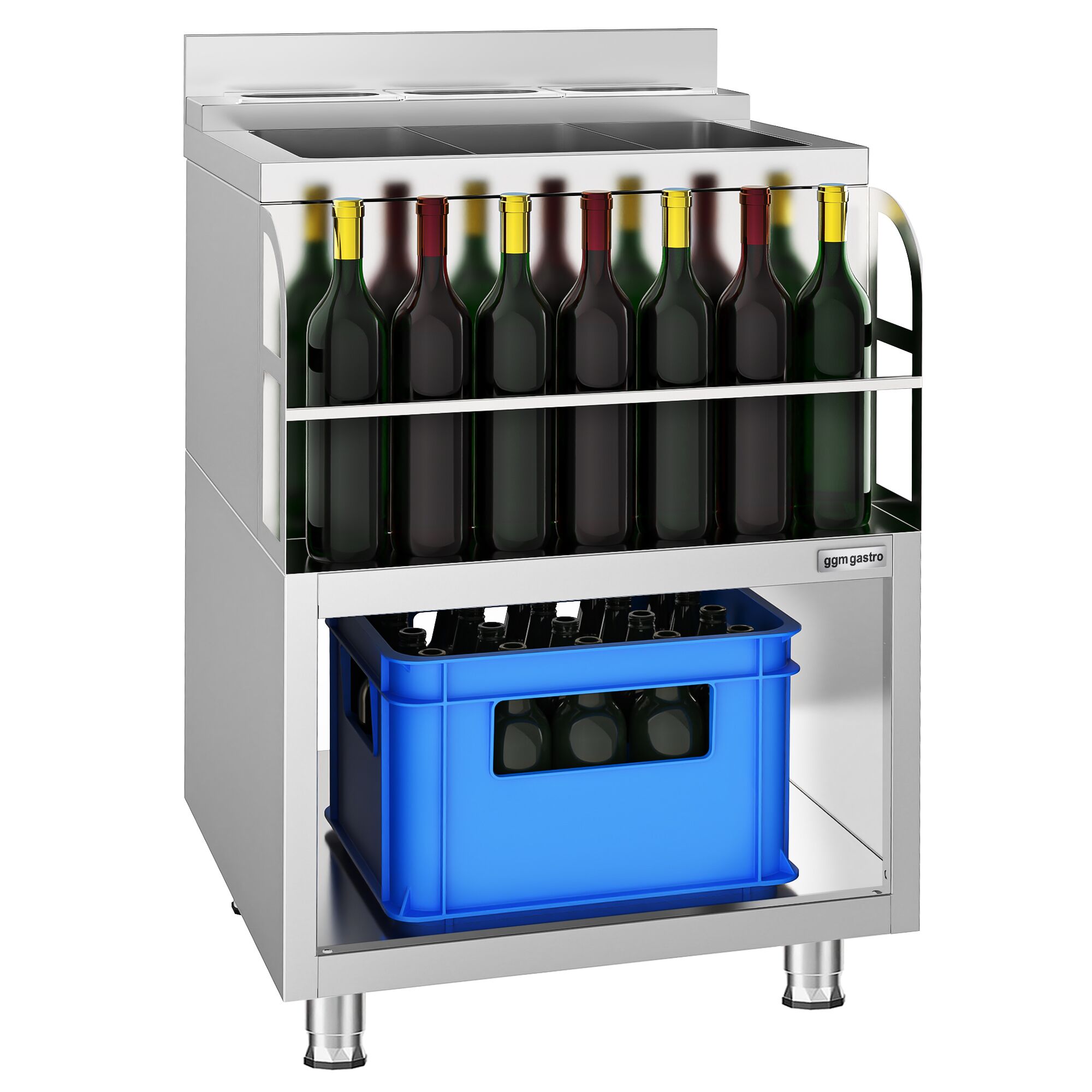 Station à cocktails - Acier inoxydable - 600x600mm - avec 3 bacs à glace et porte-bouteilles (speedrail)