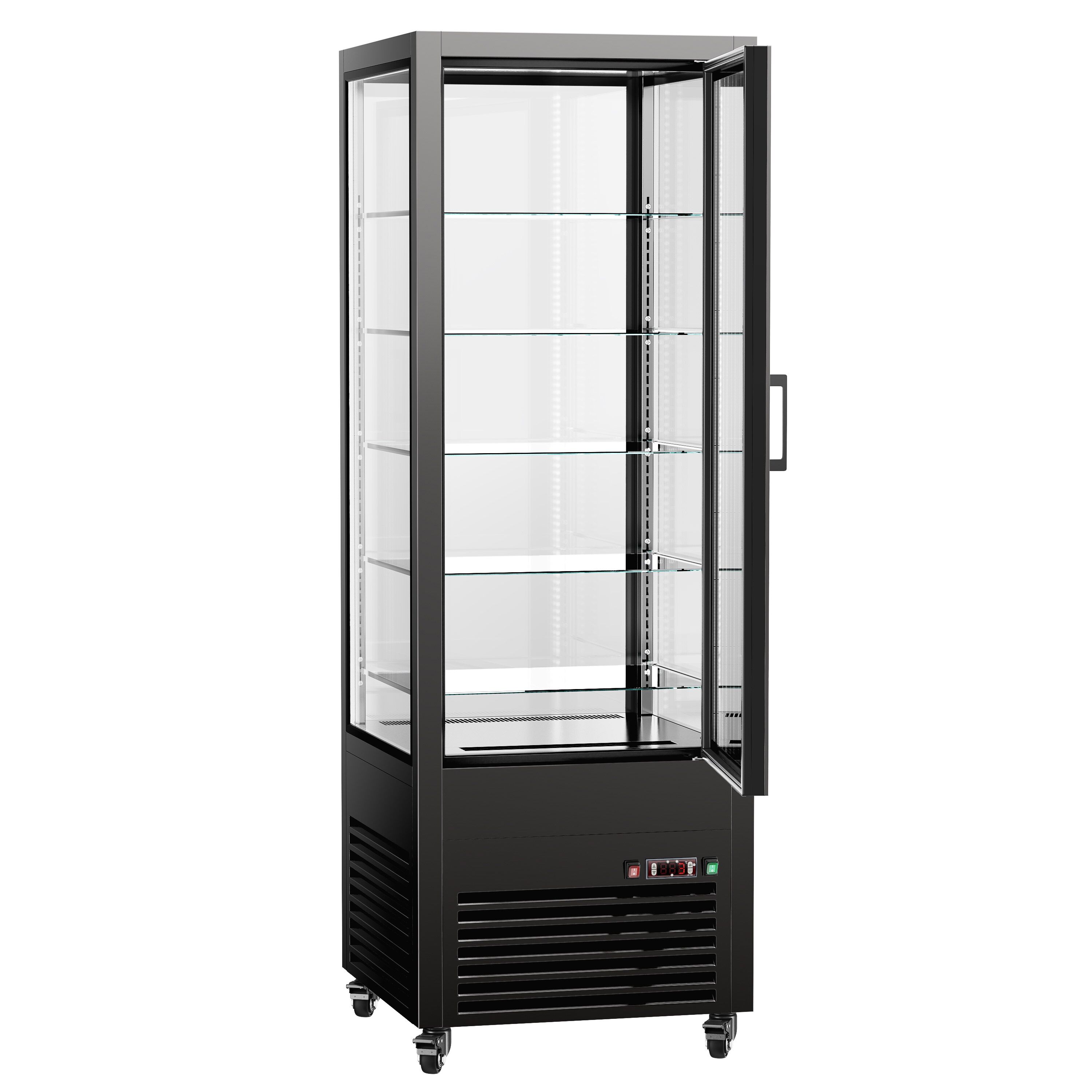Vitrine réfrigérée 4 faces vitrées / Vitrine panoramique – 440 litres – 1 porte en verre – 5 étagères – Noir