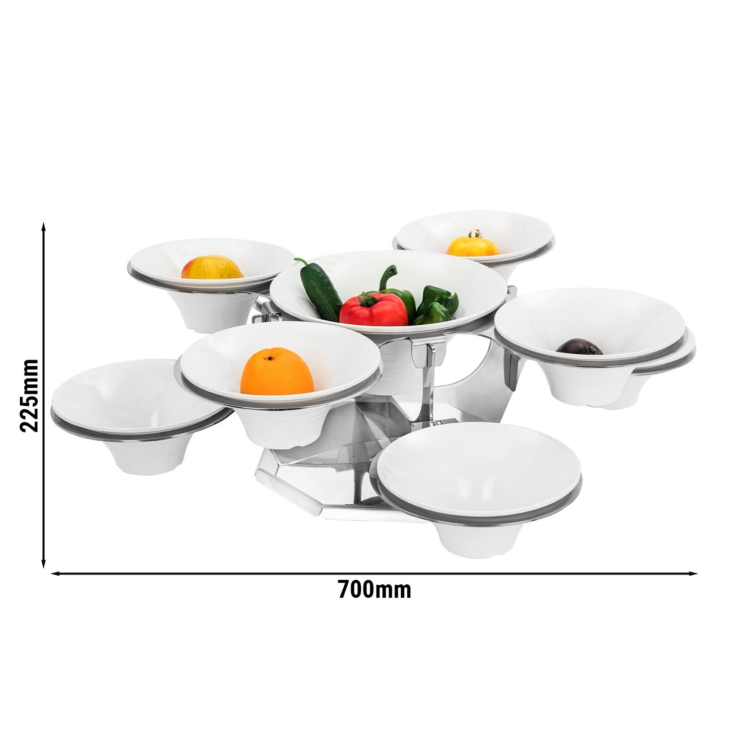 Buffetstandaard - RVS - rond - 700x700mm - Hoogte: 225mm - incl. 9 melamine schaaltjes (8x Ø200mm, 1x Ø280mm) - roterend