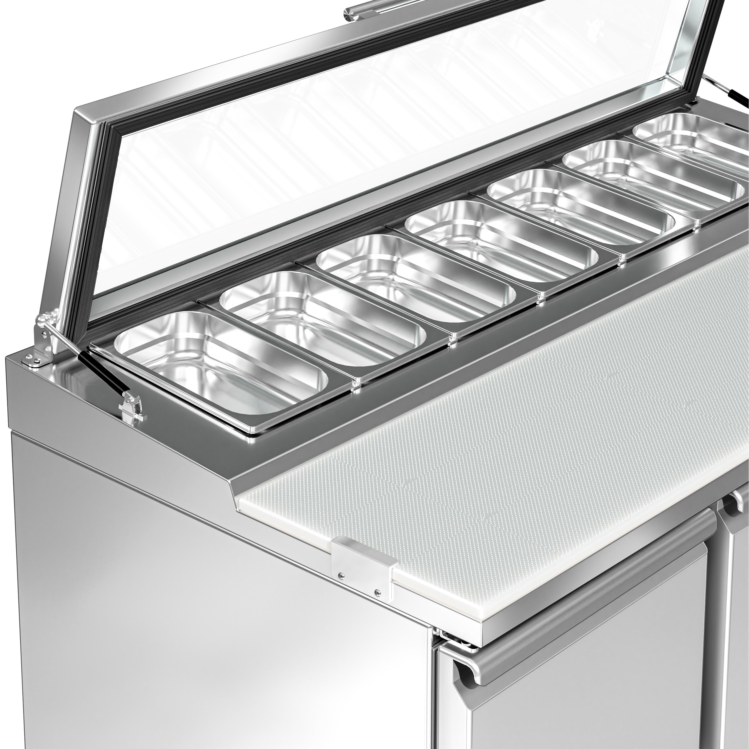 Saladette réfrigérée PREMIUM - 1365mm - 248L - 3 portes - avec découpe pour 7x GN 1/3 & Couvercle verre