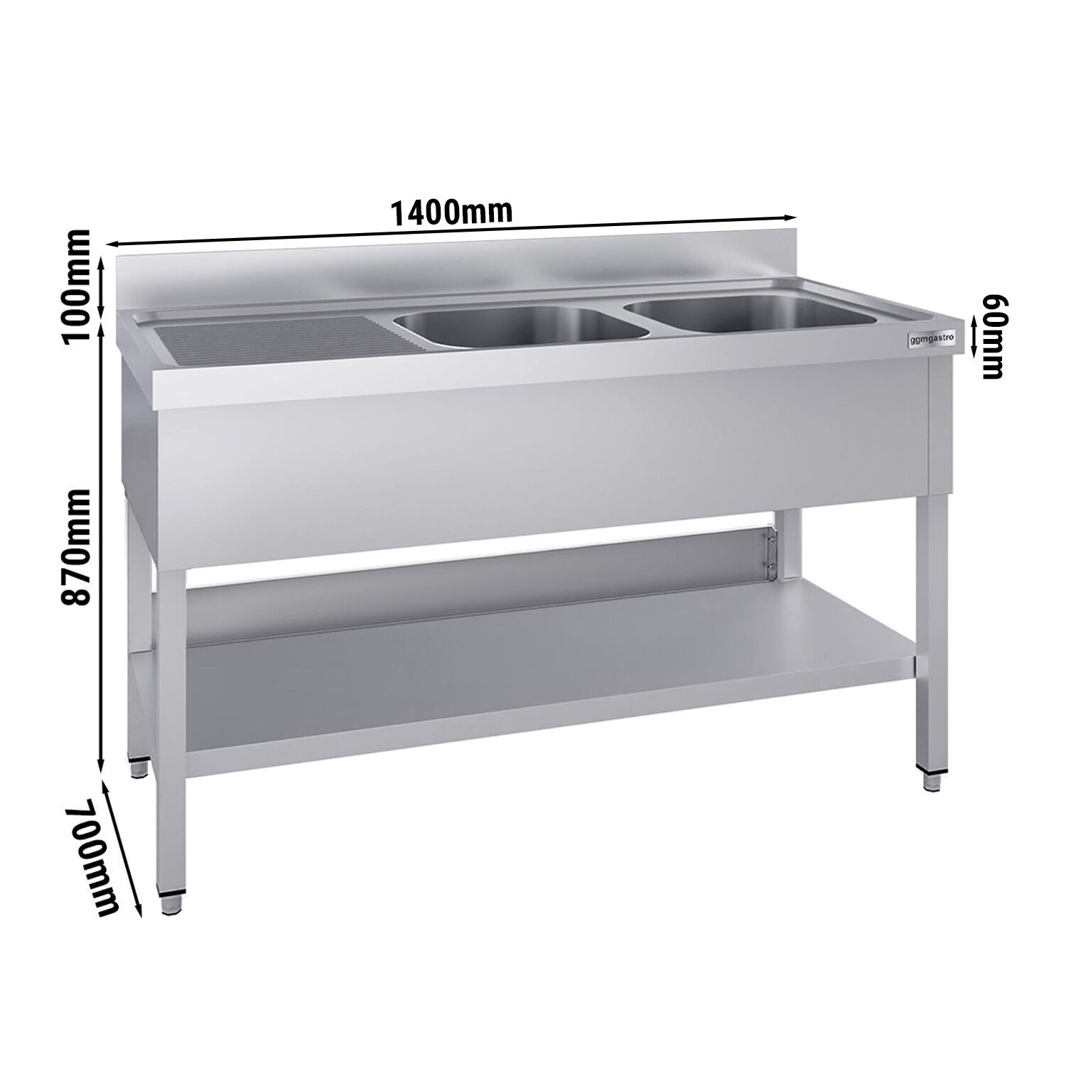 Plonge en inox ECO - 1400x700mm - avec étagère basse - 2 bacs à droite
