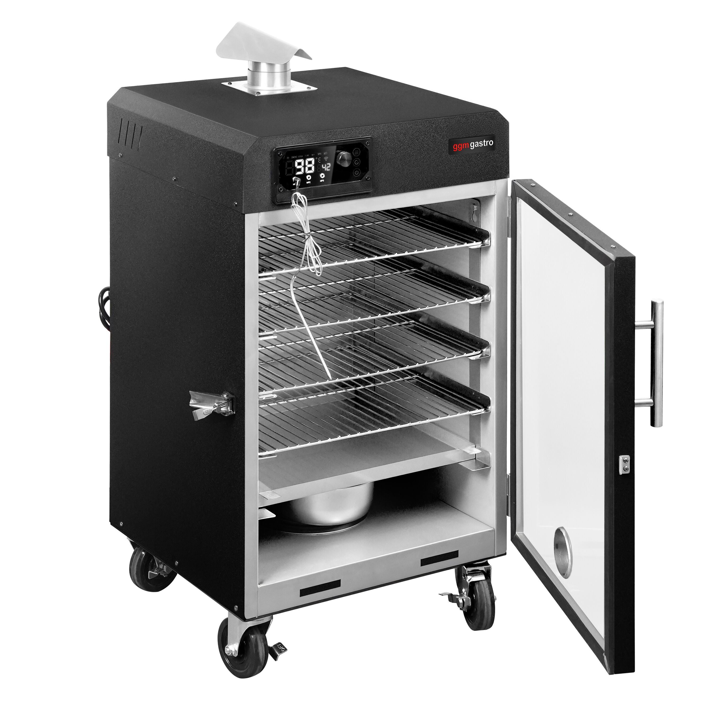 Fumoir électrique professionnel - Commande électronique - avec 4 grilles - 509x581mm - sur roulettes - Noir - fumage à chaud et à froid
