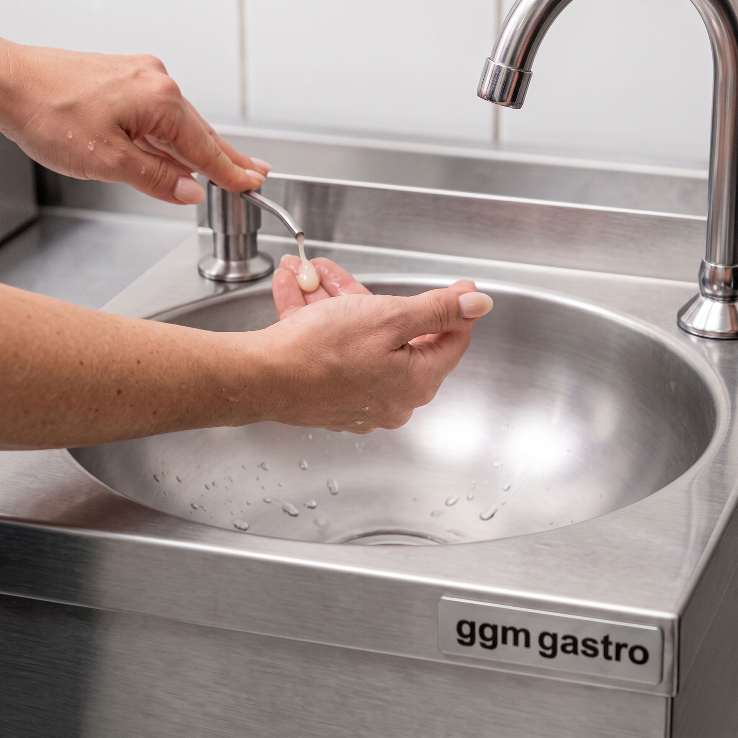 Hand washbasin – with tap, soap dispenser, knee-operated control and rim