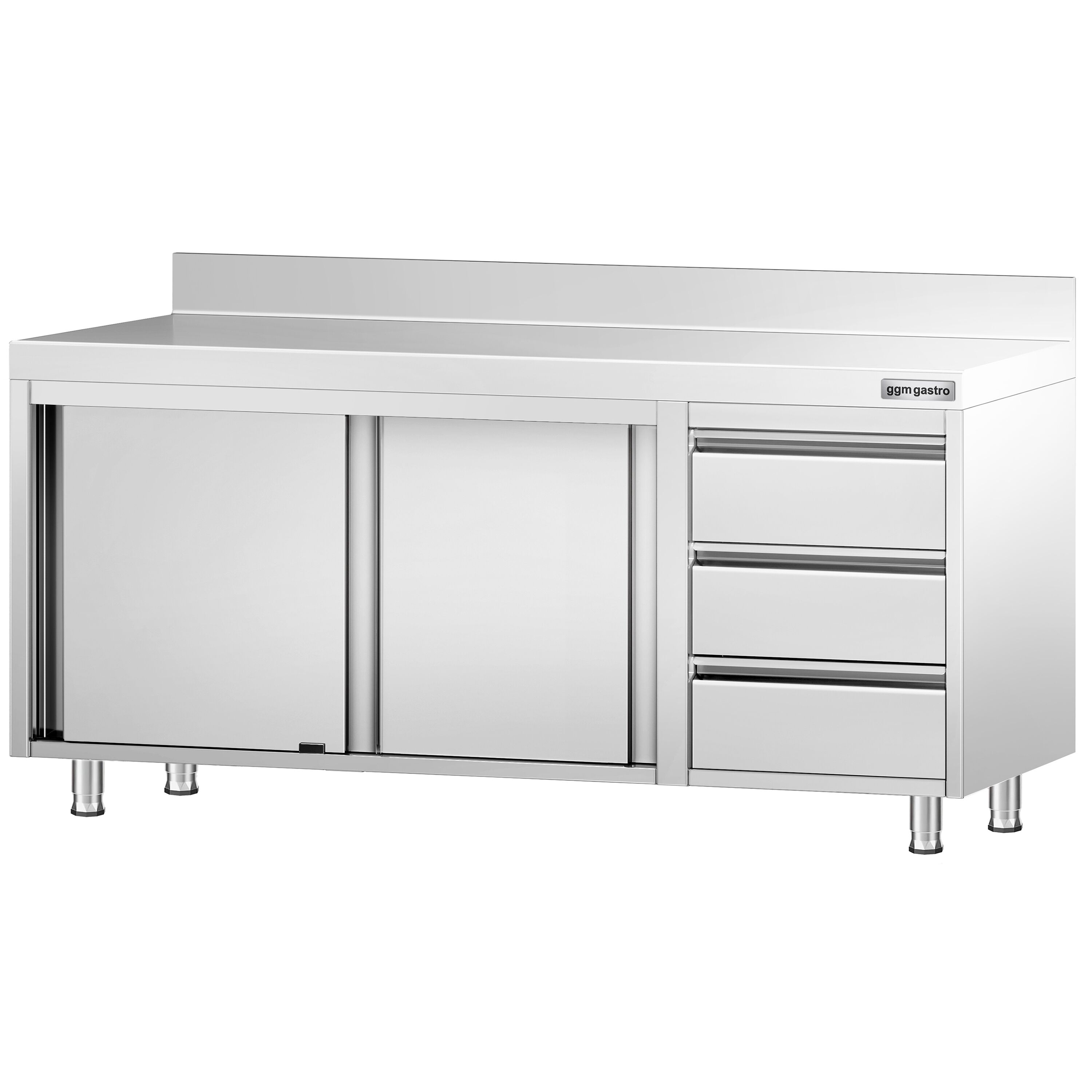 Table armoire en acier inoxydable PREMIUM - 1800x600mm - avec portes coulissantes et 3 tiroirs à droite - avec dosseret