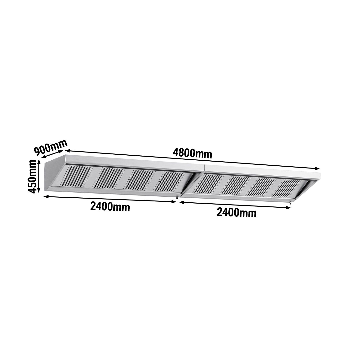 Commercial Wall-Mounted Extraction Canopy - 4800mm - with Baffle Filters & LED Lighting