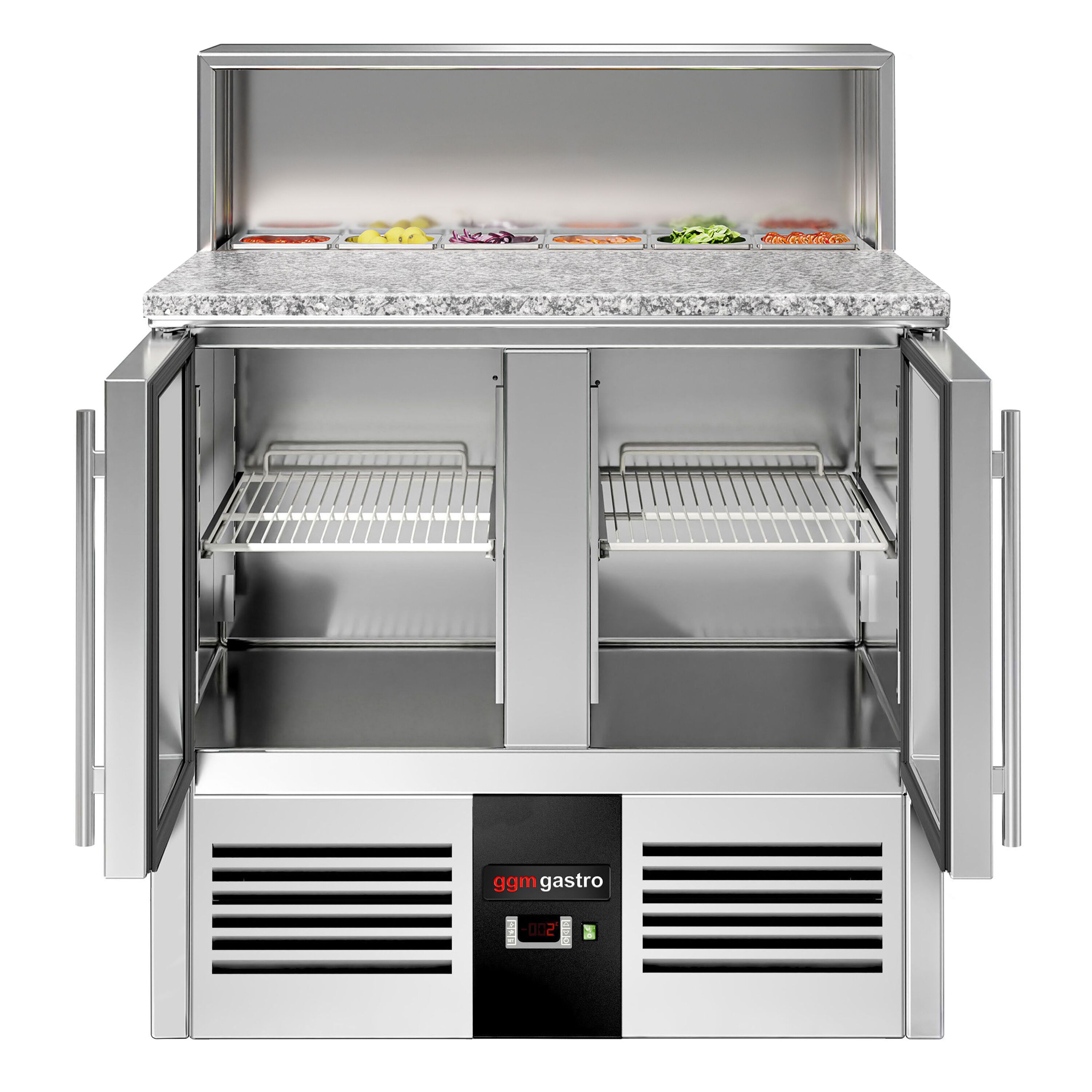 Saladette réfrigérée PREMIUM - 903mm - 240L - 2 portes vitrées - avec ensemble inox (dessus GN) pour 5x GN 1/6 & Couvercle inox - plan de travail en granit noir