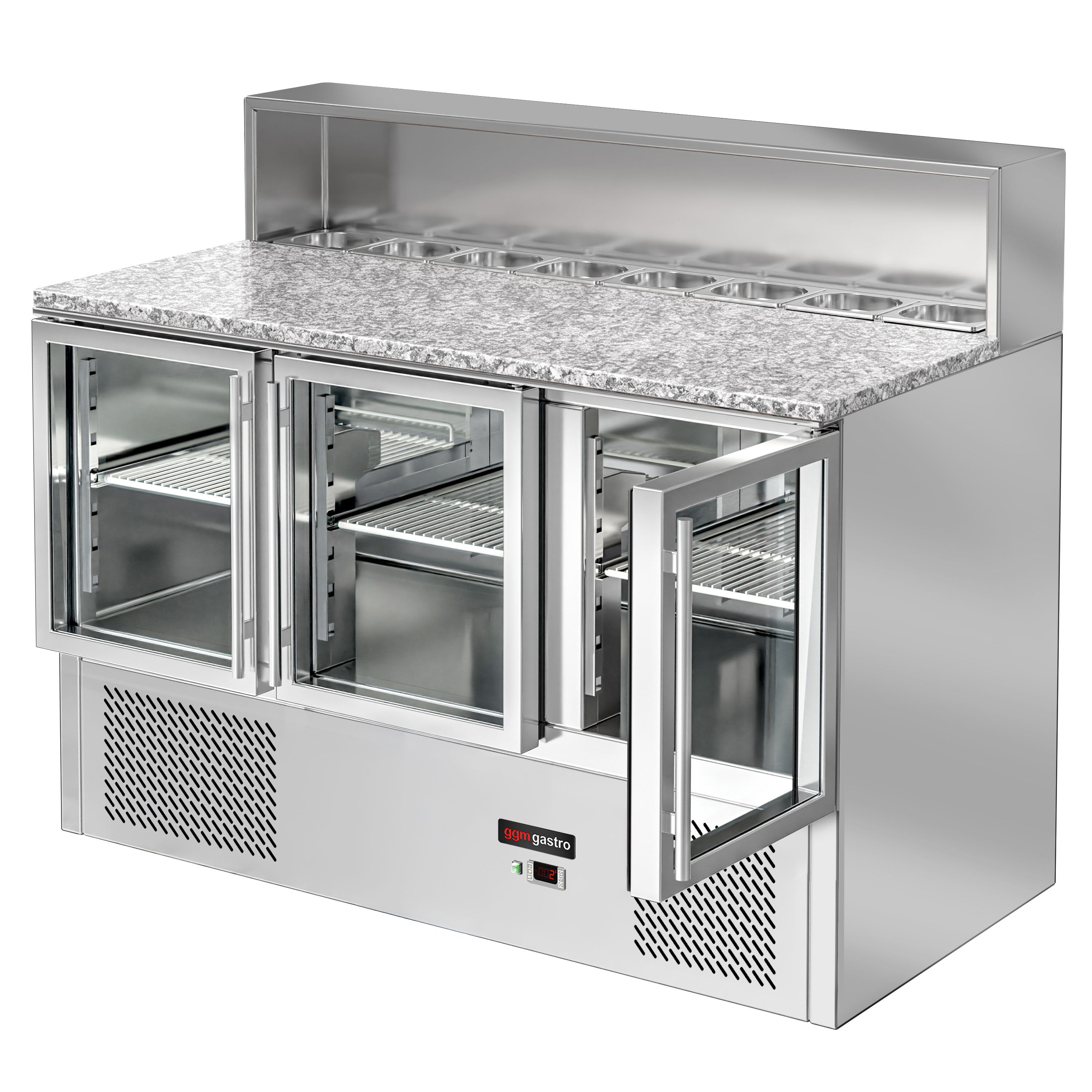 Saladette réfrigérée ECO - 1368mm - 402L - 3 portes vitrées - avec découpe pour 7x GN 1/6 & Couvercle inox - plan de travail en granit noir