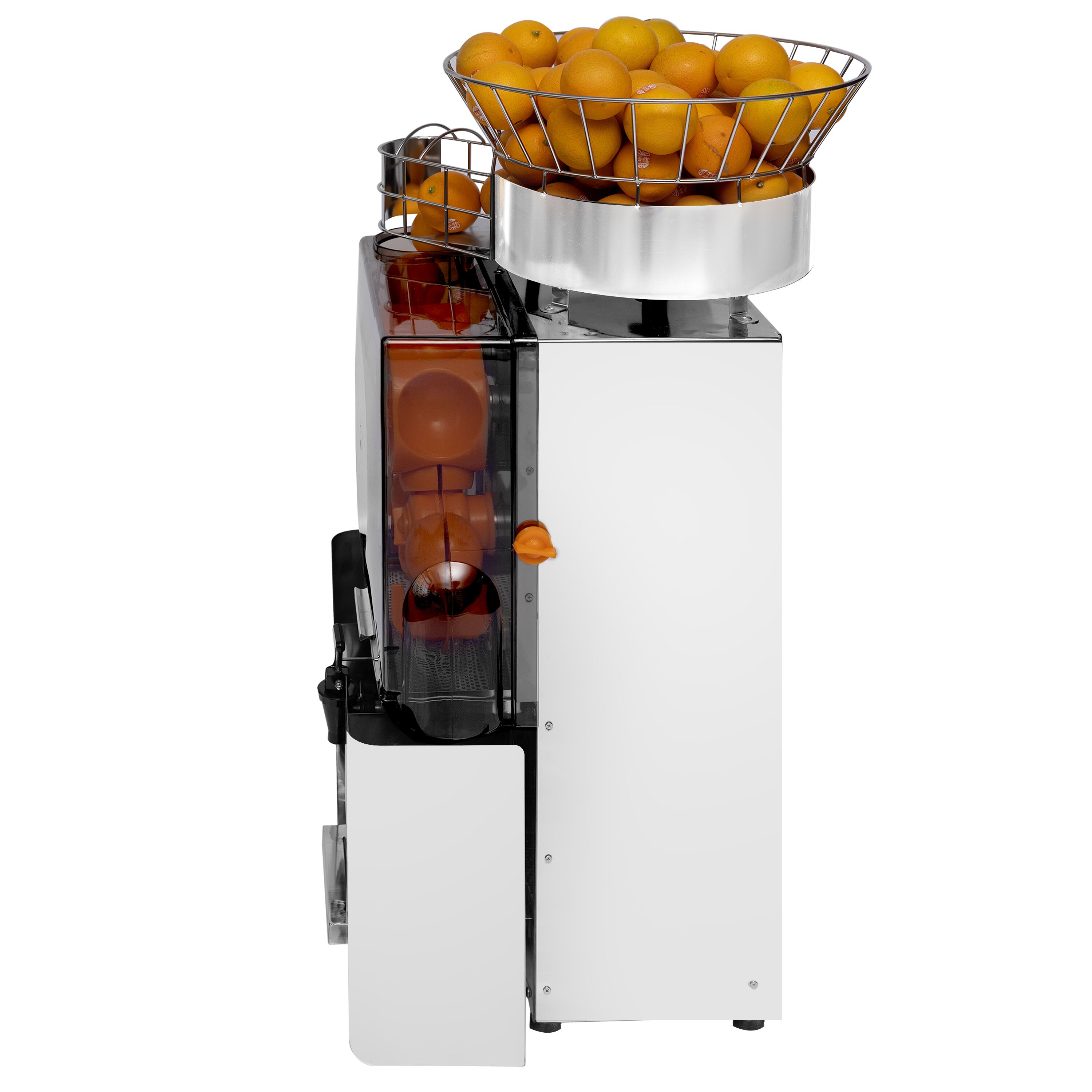 Automatische citruspers - 25 vruchten/min - Ø60-80mm - 200W - met automatische fruittoevoer, selfservice-tapkraan, veiligheidsschakelaars & afneembare frontafdekking - RVS