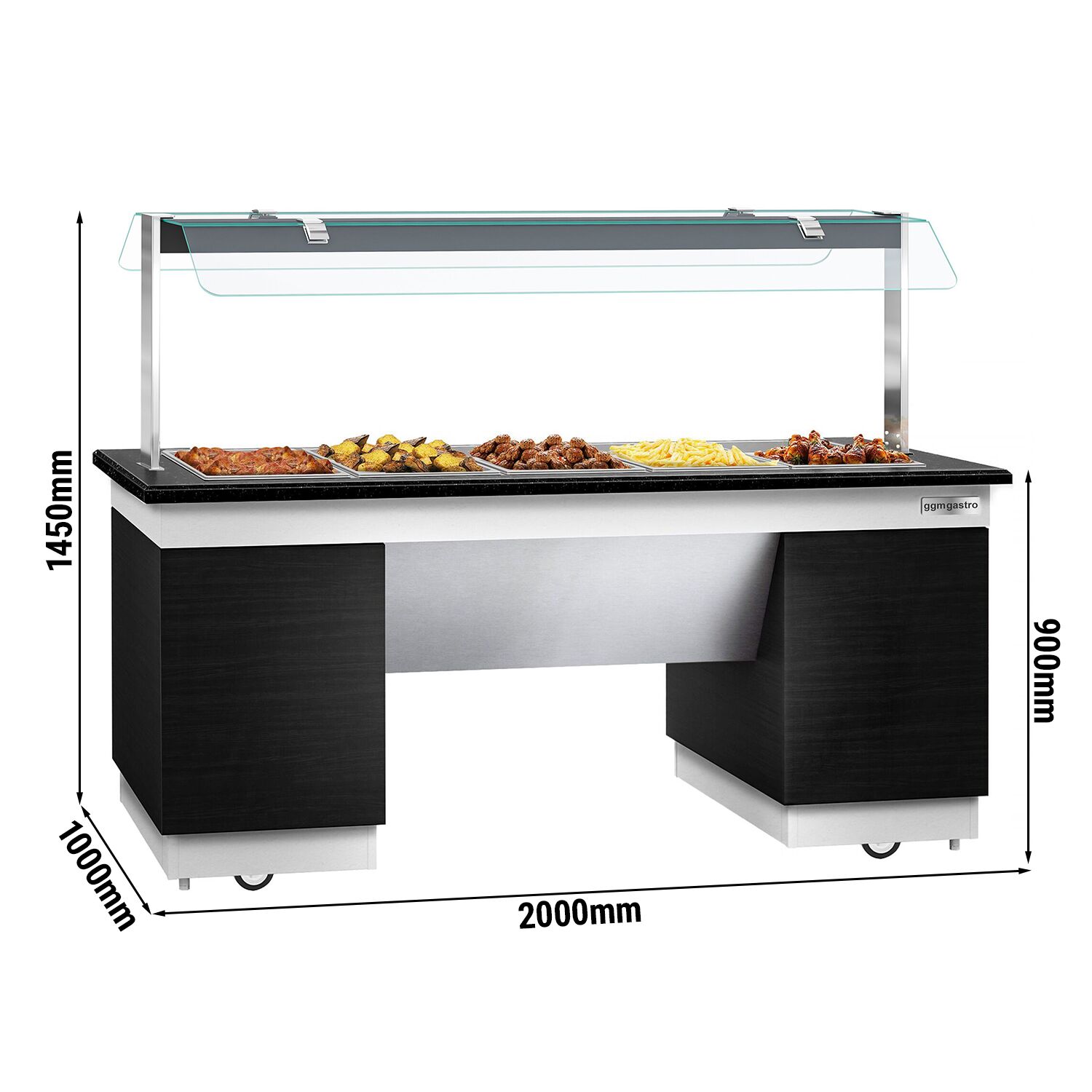 Buffet chaud DUBLIN - 2000mm - avec bain-marie - sur roulettes - pour 5x GN 1/1 - Noir