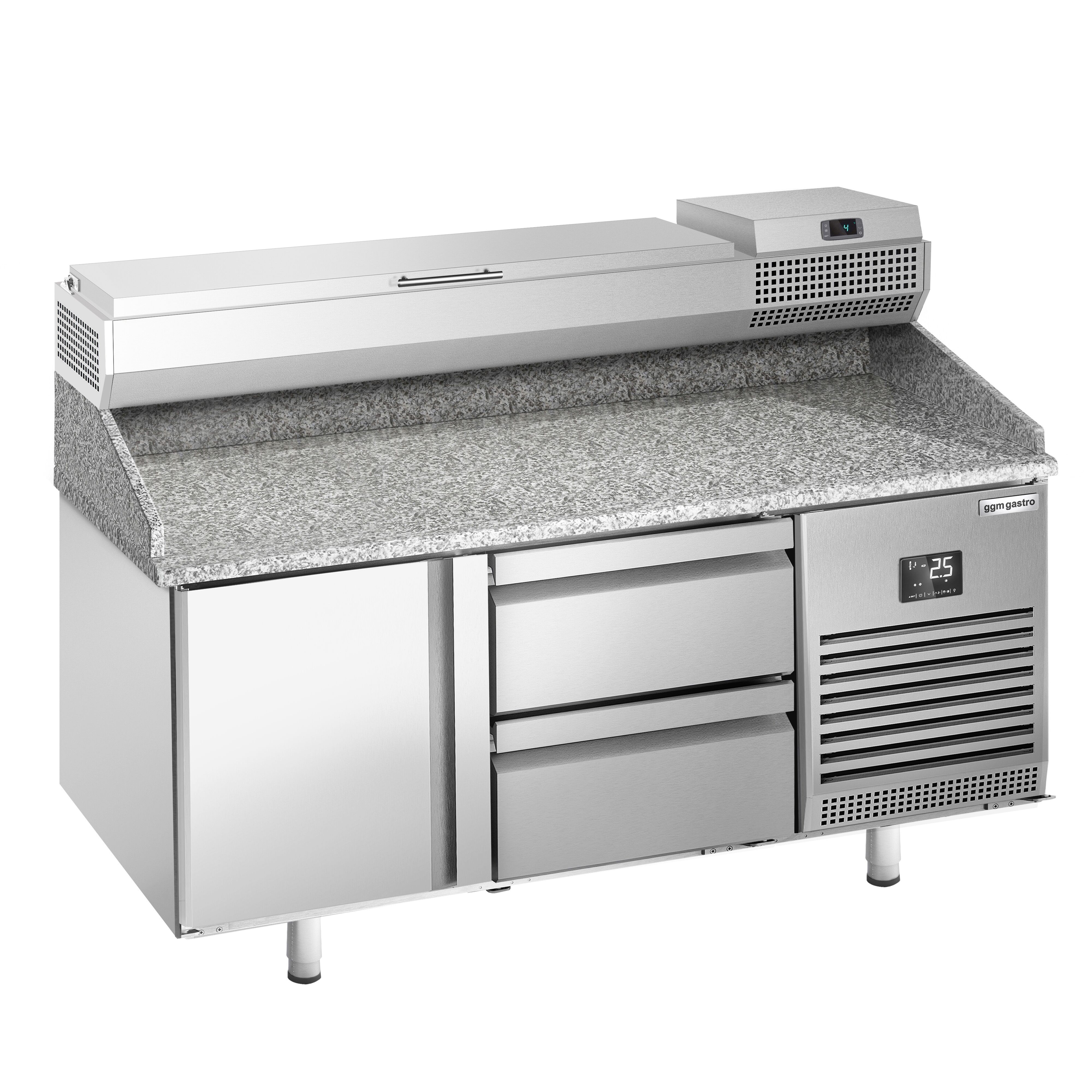 Table réfrigérée à pizza Premium PLUS - 1490x700 mm - avec 1 porte & 2 tiroirs - incl. vitrine réfrigérée - 6x GN 1/4