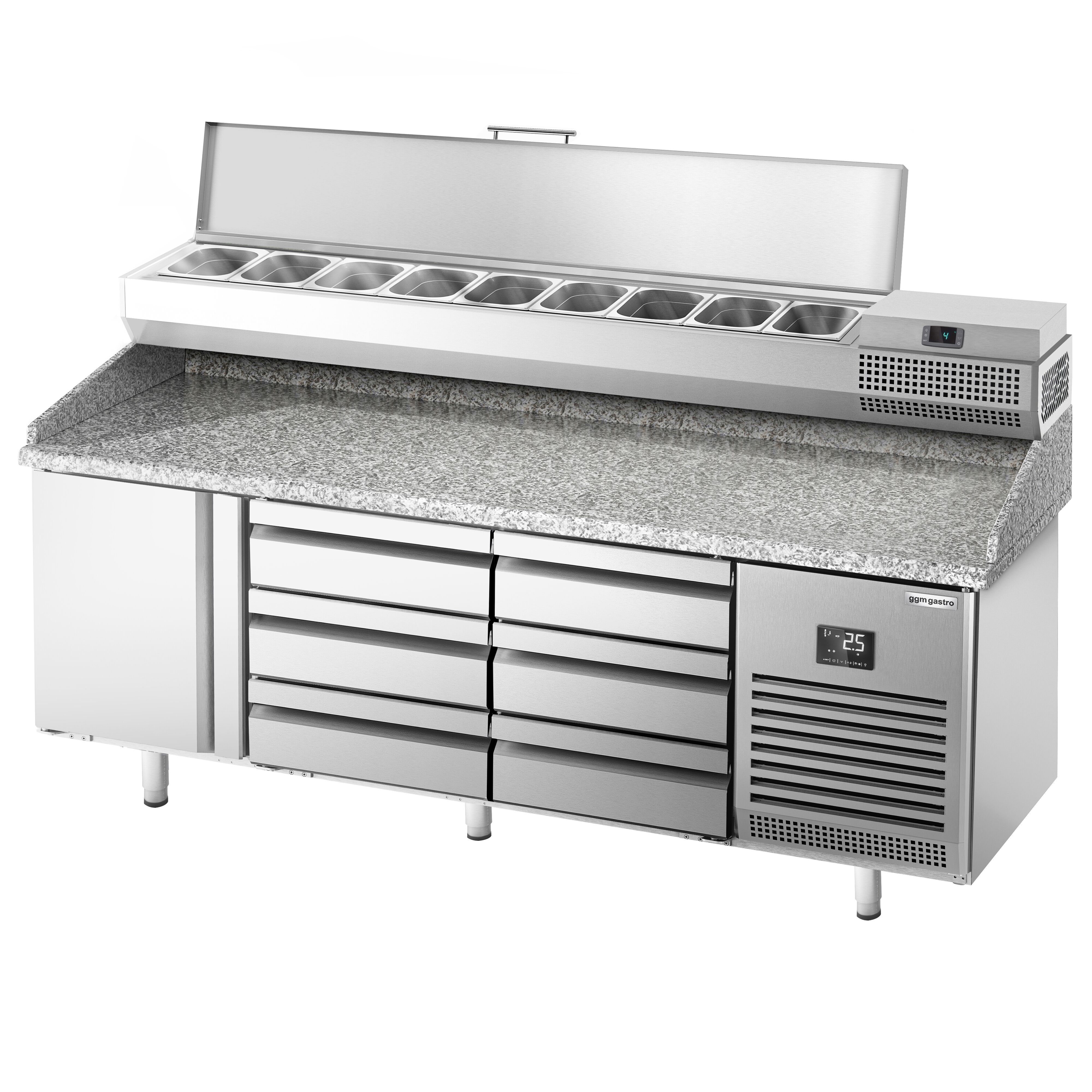 Table réfrigérée à pizza Premium PLUS - 1980x700 mm - avec 1 porte & 6 tiroirs - incl. vitrine réfrigérée - 9x GN 1/4