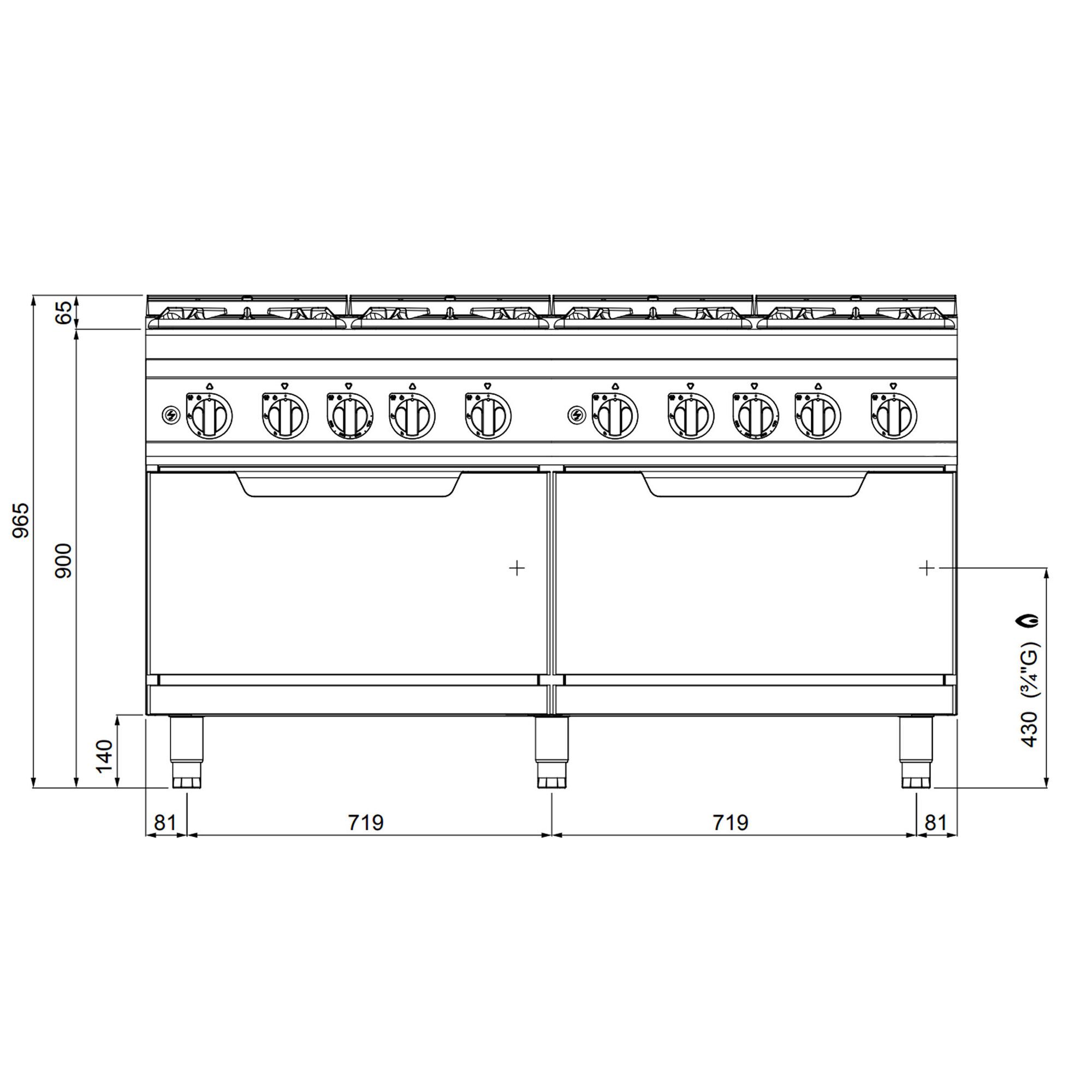 Fourneau à gaz – 69 kW – 8 brûleurs – avec 2 fours à gaz – 2 × 7,6 kW