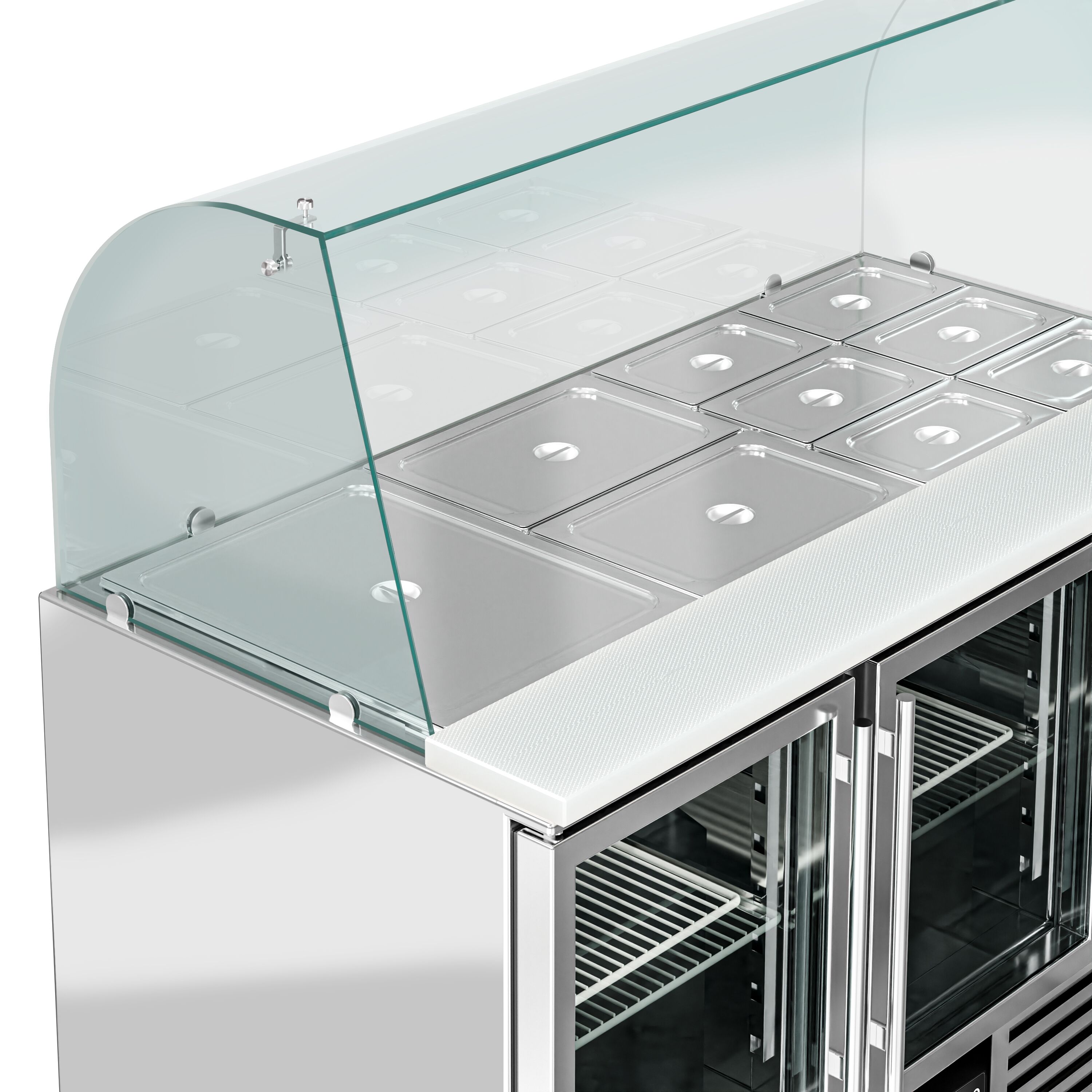 Saladette réfrigérée PREMIUM - 1368mm - 288L - 3 portes vitrées - avec vitrine de comptoir pour 4x GN 1/1