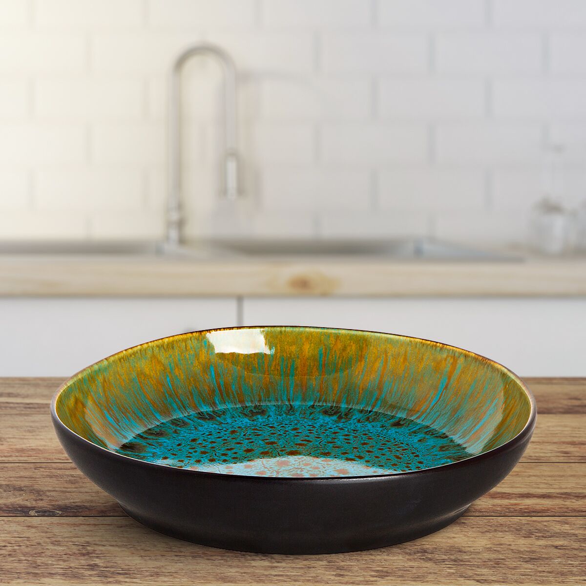 (24 pcs) LOTUS | Crockery Set - Stoneware - Mixed sizes - Turquoise/Black