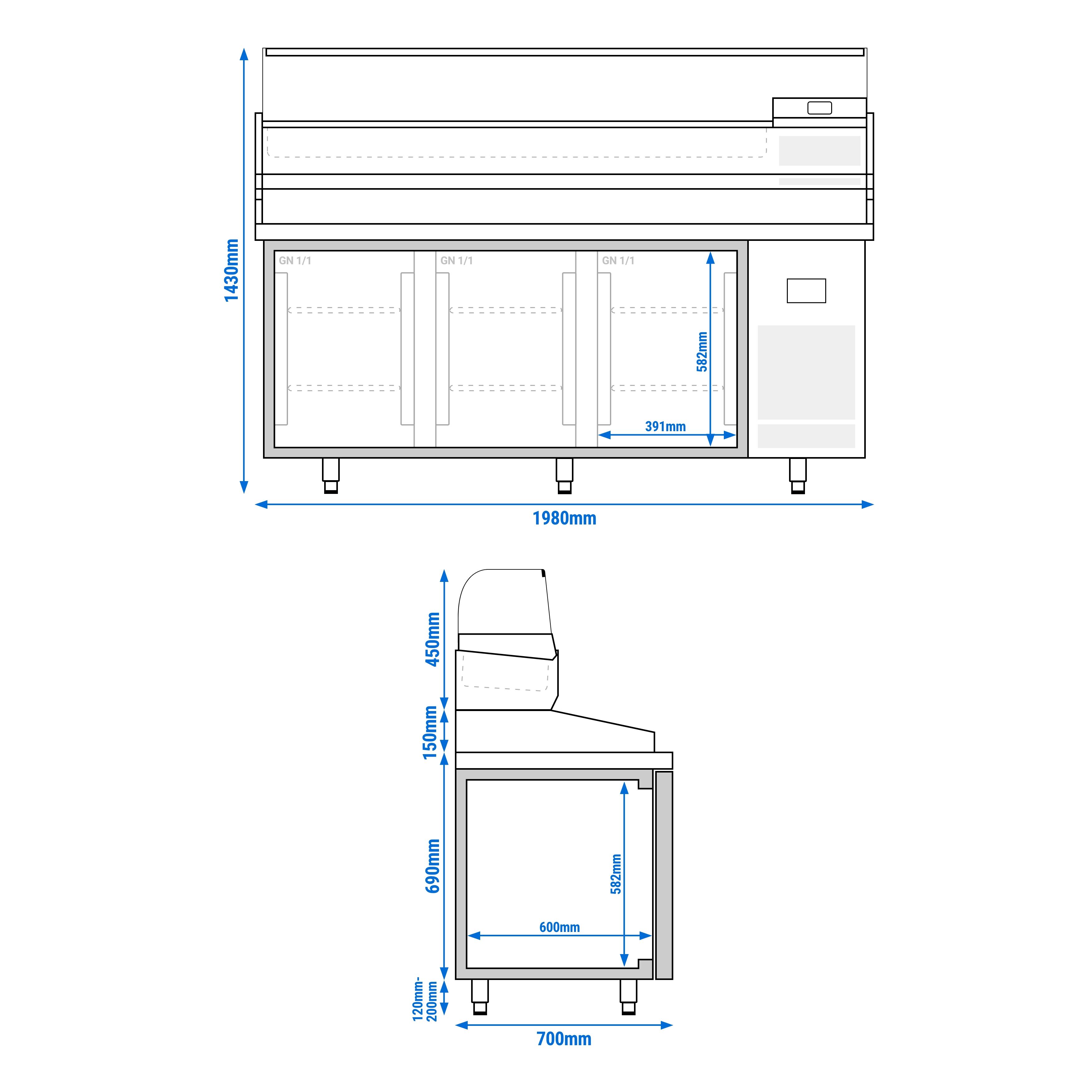 Table réfrigérée à pizza Premium PLUS - 1980 x 700 mm - avec 3 portes - incl. vitrine réfrigérée de présentation - 9x GN 1/4