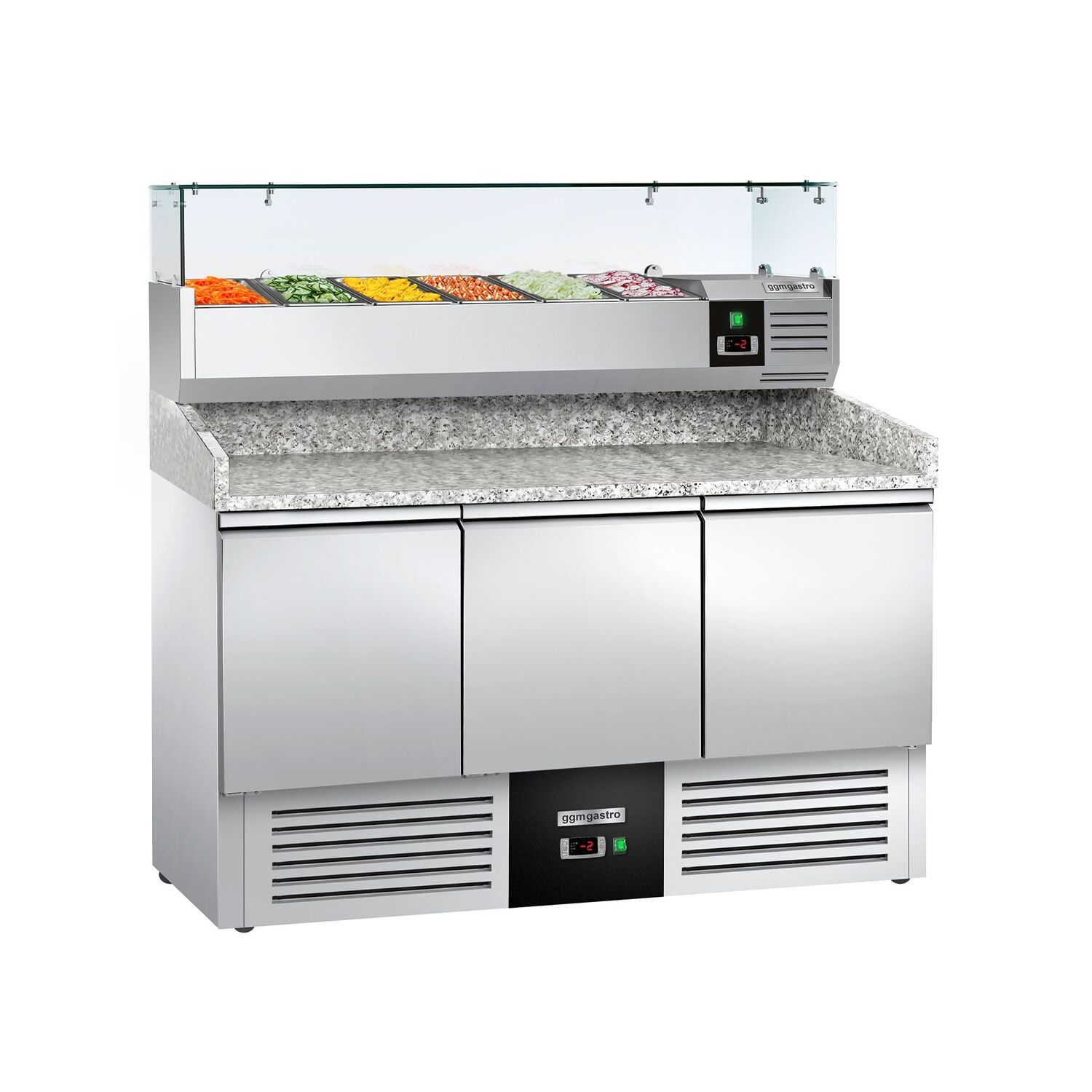 Banco pizza refrigerato PREMIUM - 1400x700mm - con 3 porte - piano in granito - con vetrina ingredienti refrigerata superiore - 6x GN 1/4