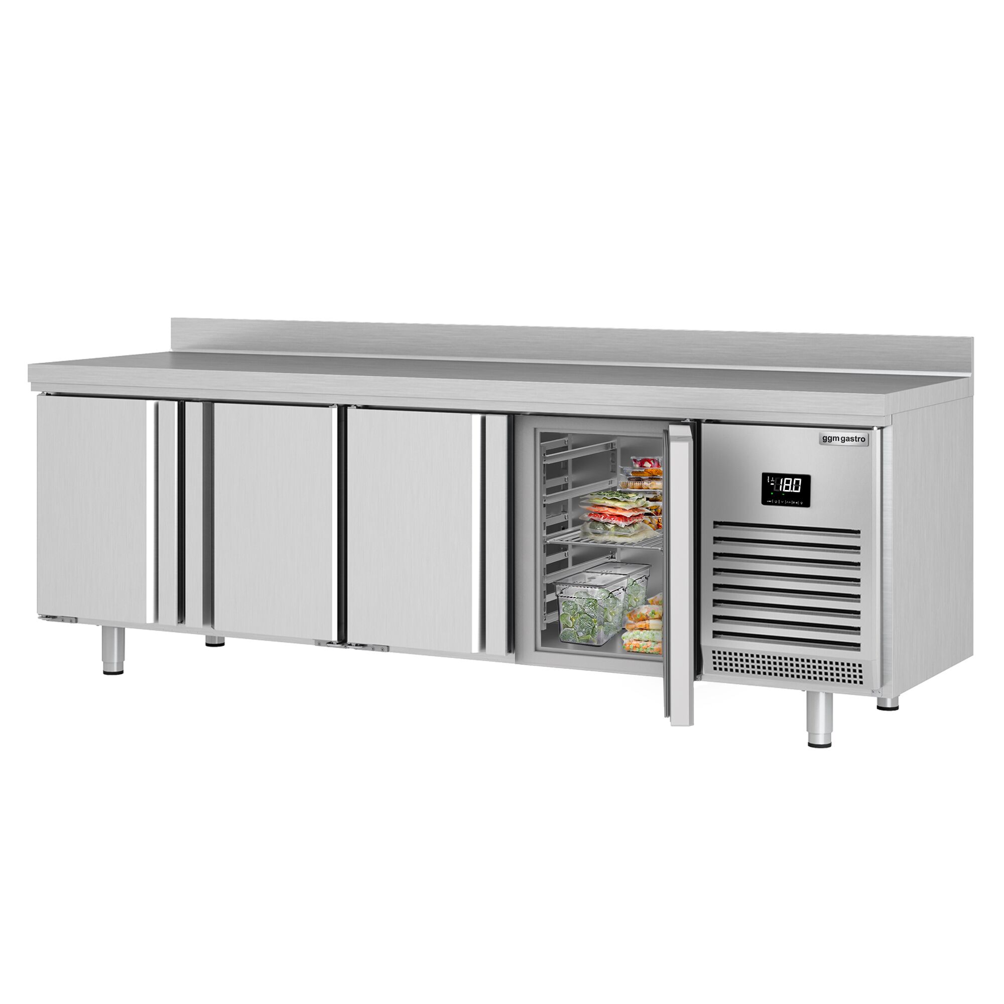 Commercial Counter Freezer PREMIUM PLUS - 2452x700mm - with 4 doors - with upstand - capacity 630 litres