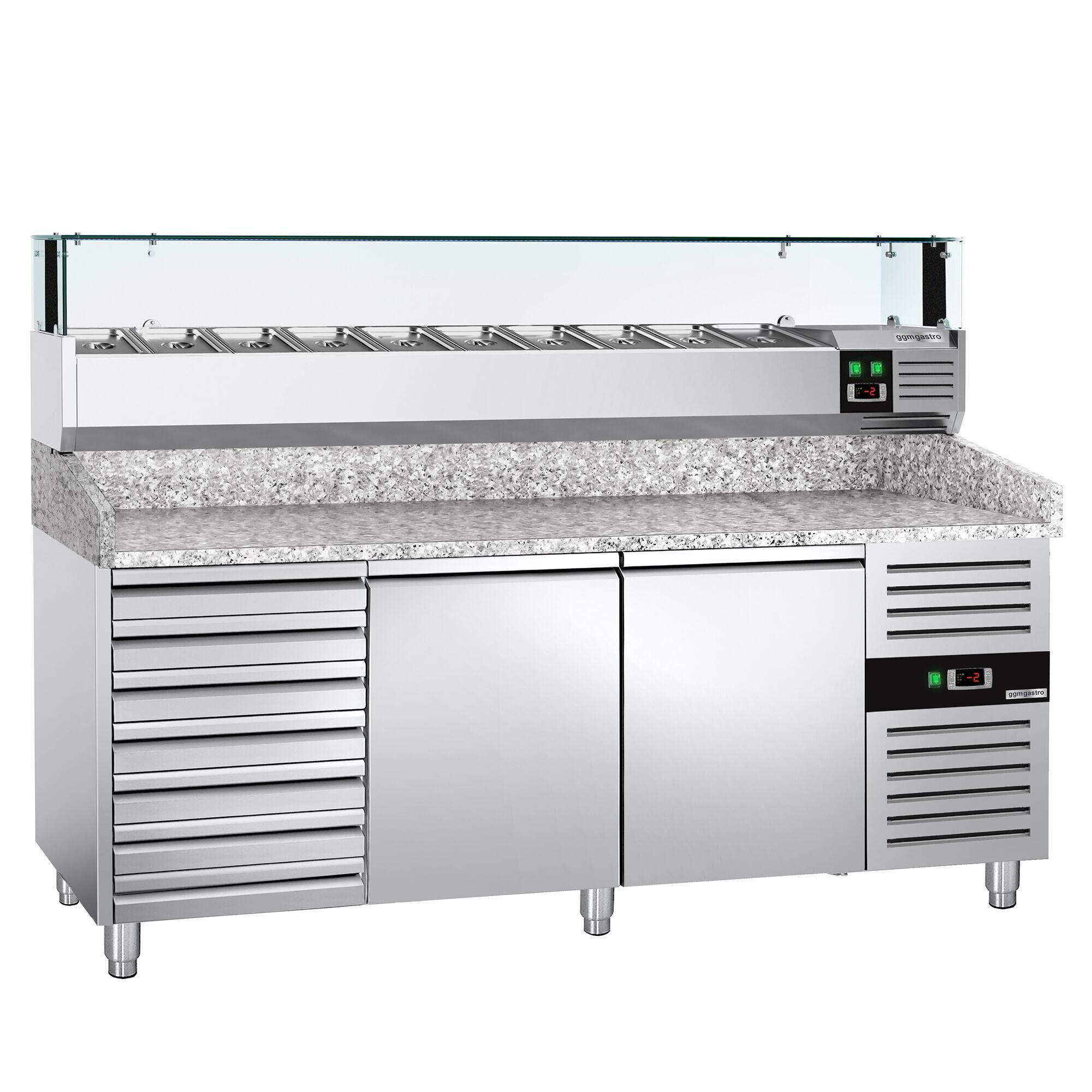 Table réfrigérée pour pizza PREMIUM - 2000 x 800 mm - avec 2 portes & 7 tiroirs - incl. vitrine réfrigérée avec LED - 10 x GN 1/4