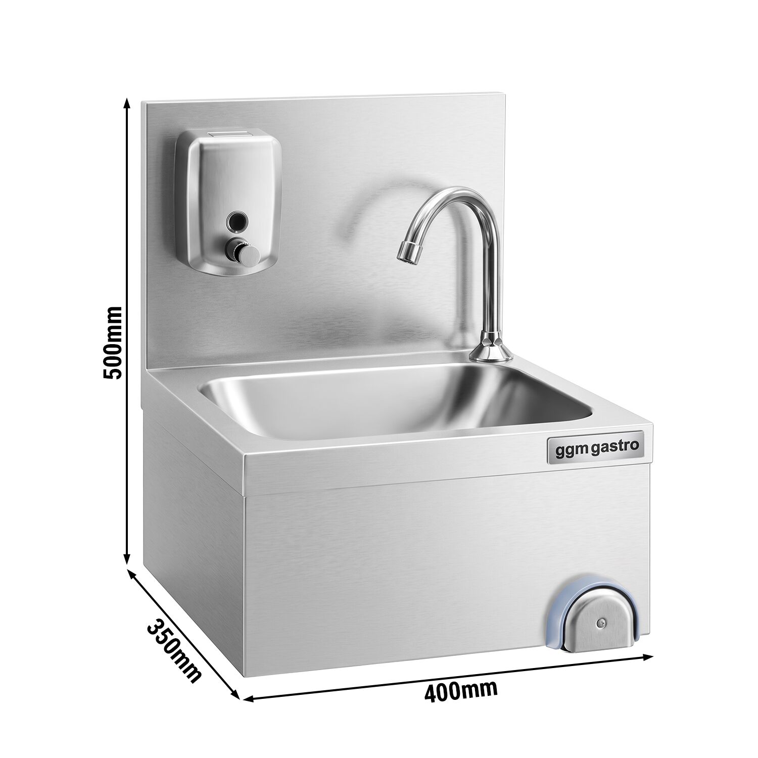 Hand washbasin – with tap, soap dispenser, knee-operated control and high rim