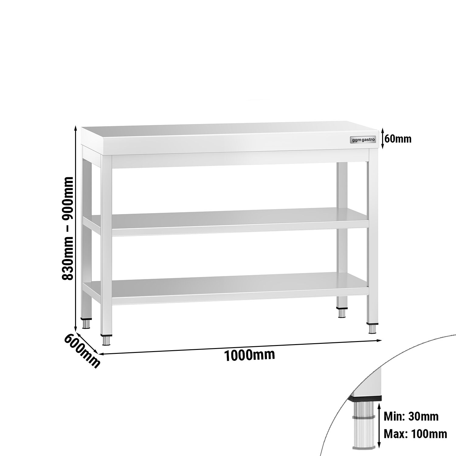 Table de travail inox PREMIUM - 1000 x 600 mm - avec tablette inférieure & Tablette intermédiaire