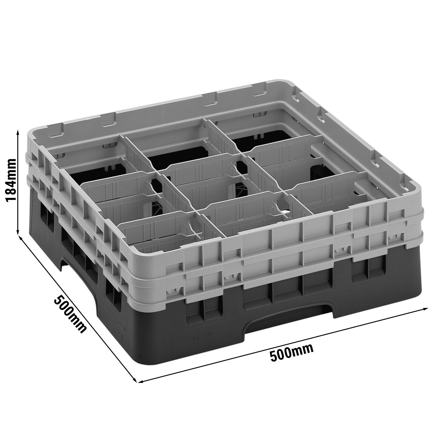 CAMBRO | CAMRACK® Glasswasher Rack – 9-Compartment, 1 Extender – 500×500×184 mm – Black
